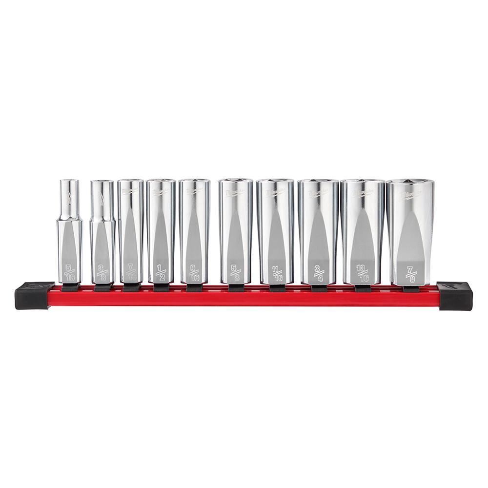 Milwaukee® FOUR FLAT™ 48-22-9405 Deep Well Socket Set With FOUR FLAT™ Sides, 6 Points, 3/8 in Drive, 10 Pieces, Included Socket Size: 5/16 in, 3/8 in, 7/16 in, 1/2 in, 9/16 in, 5/8 in, 11/16 in, 3/4 in, 13/16 in and 7/8 in, Socket Rail Container