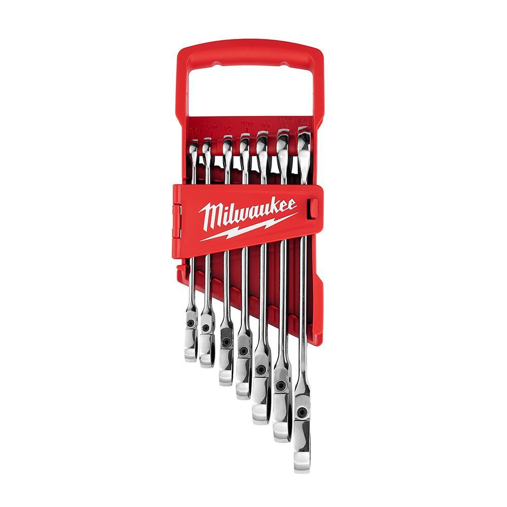 Milwaukee® 48-22-9429 Flex Head Ratcheting Non-Lockable Combination Wrench Set, 7 Pieces, 3/8 to 1 in, Polished Chrome