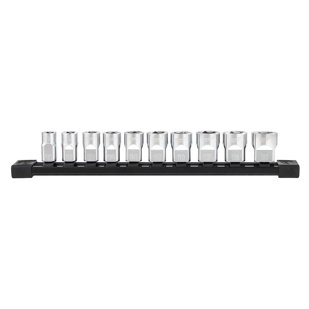 Milwaukee® FOUR FLAT™ 48-22-9503 Socket Set With FOUR FLAT™ Sides, 6 Points, 3/8 in Drive, 10 Pieces, Included Socket Size: 10 mm, 11 mm, 12 mm, 13 mm, 14 mm, 15 mm, 16 mm, 17 mm, 18 mm and 19 mm, Socket Rail Container
