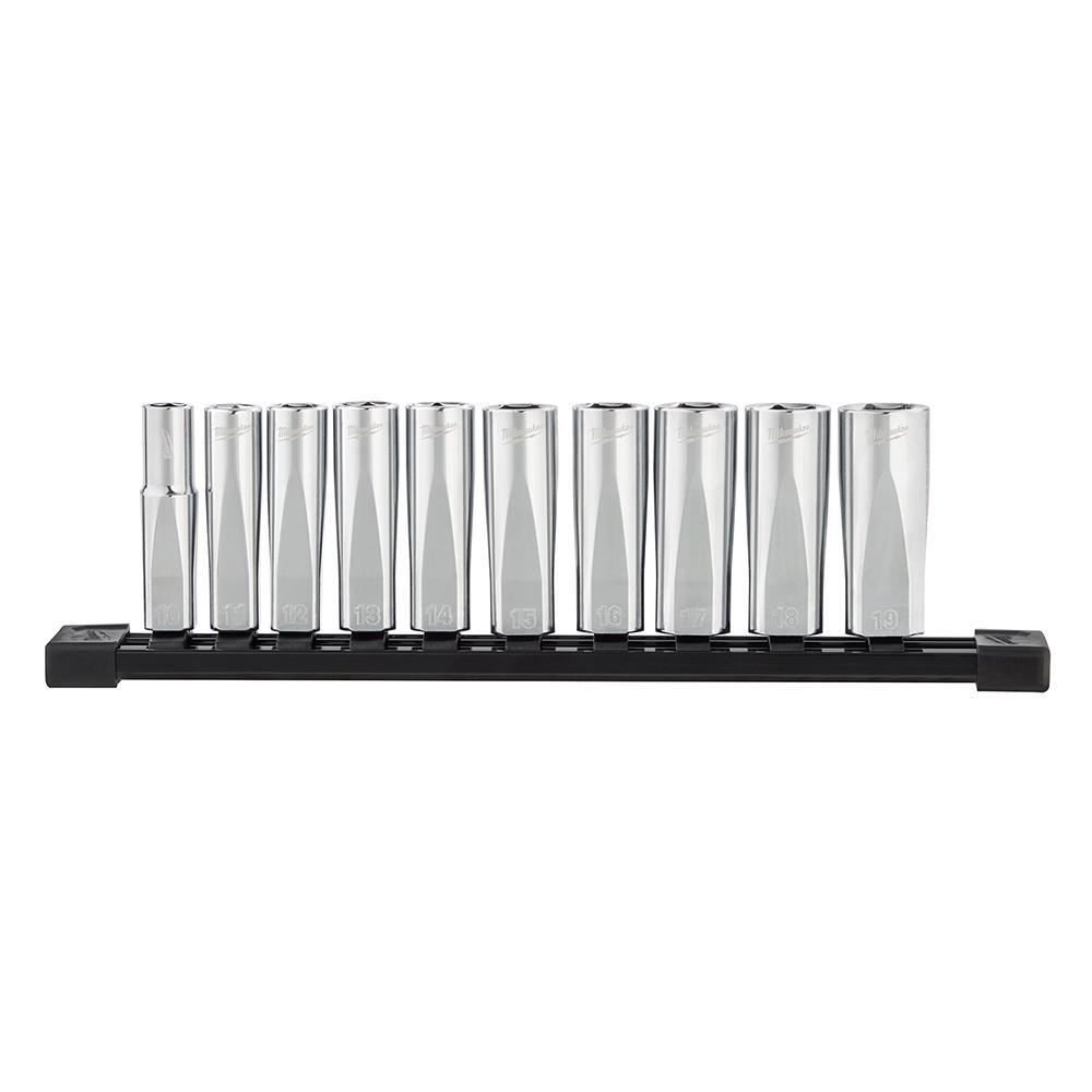 Milwaukee® FOUR FLAT™ 48-22-9505 Deep Well Socket Set With FOUR FLAT™ Sides, 6 Points, 3/8 in Drive, 10 Pieces, Included Socket Size: 10 mm, 11 mm, 12 mm, 13 mm, 14 mm, 15 mm, 16 mm, 17 mm, 18 mm and 19 mm, Socket Rail Container