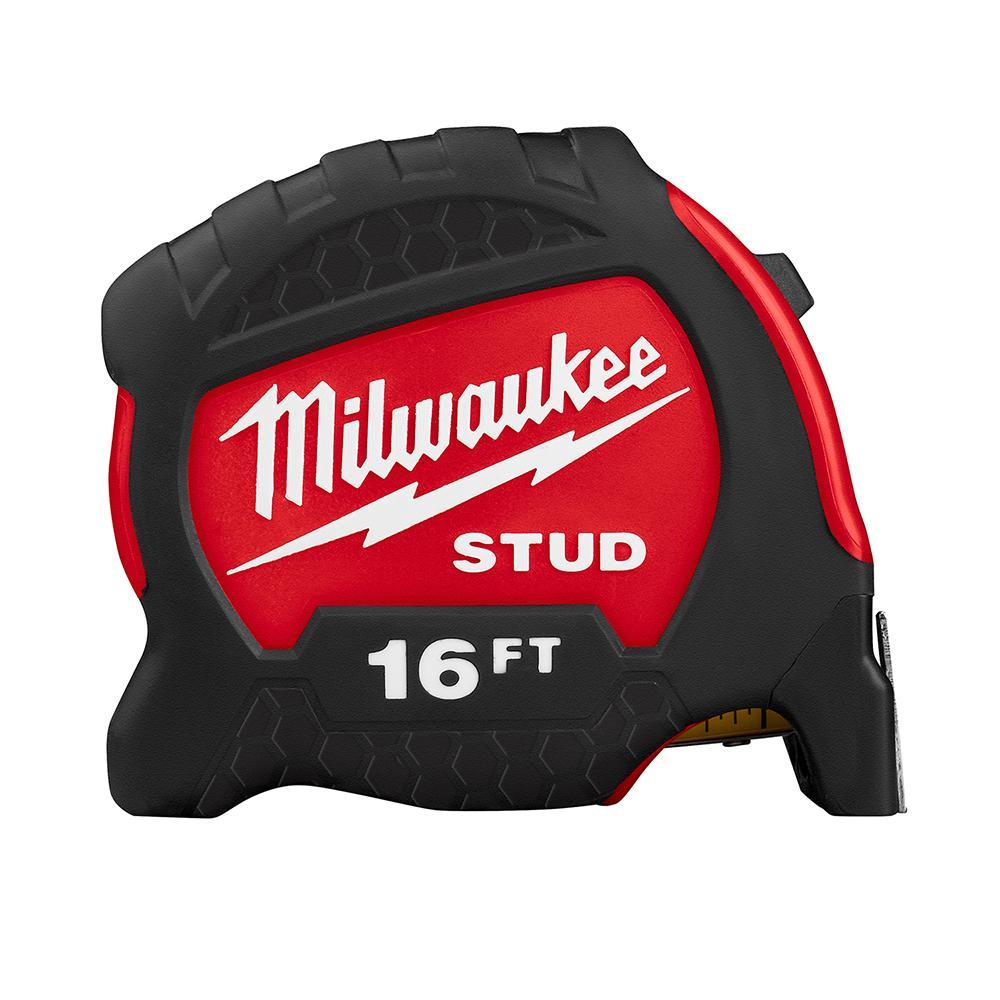 Milwaukee® STUD™ 48-22-9716 Measuring Tape With Belt Clip, 16 ft L x 1-5/16 in W Blade, Steel Blade, 1/16 in, 1/8 in, 1/4 in, 1/2 in, 1 ft Graduation