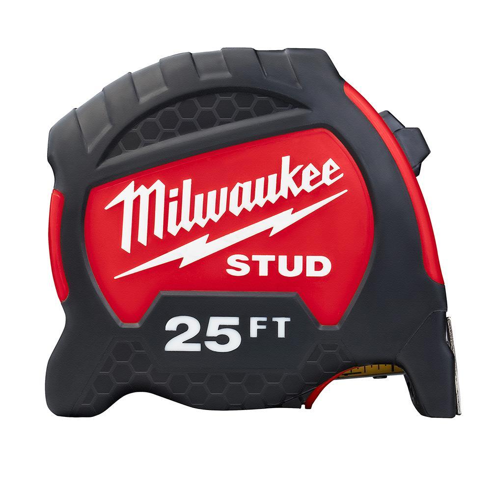 Milwaukee® STUD™ 48-22-9725 Measuring Tape With Belt Clip, 25 ft L x 1-5/16 in W Blade, Steel Blade, 1/16 in, 1/8 in, 1/4 in, 1/2 in, 1 ft Graduation