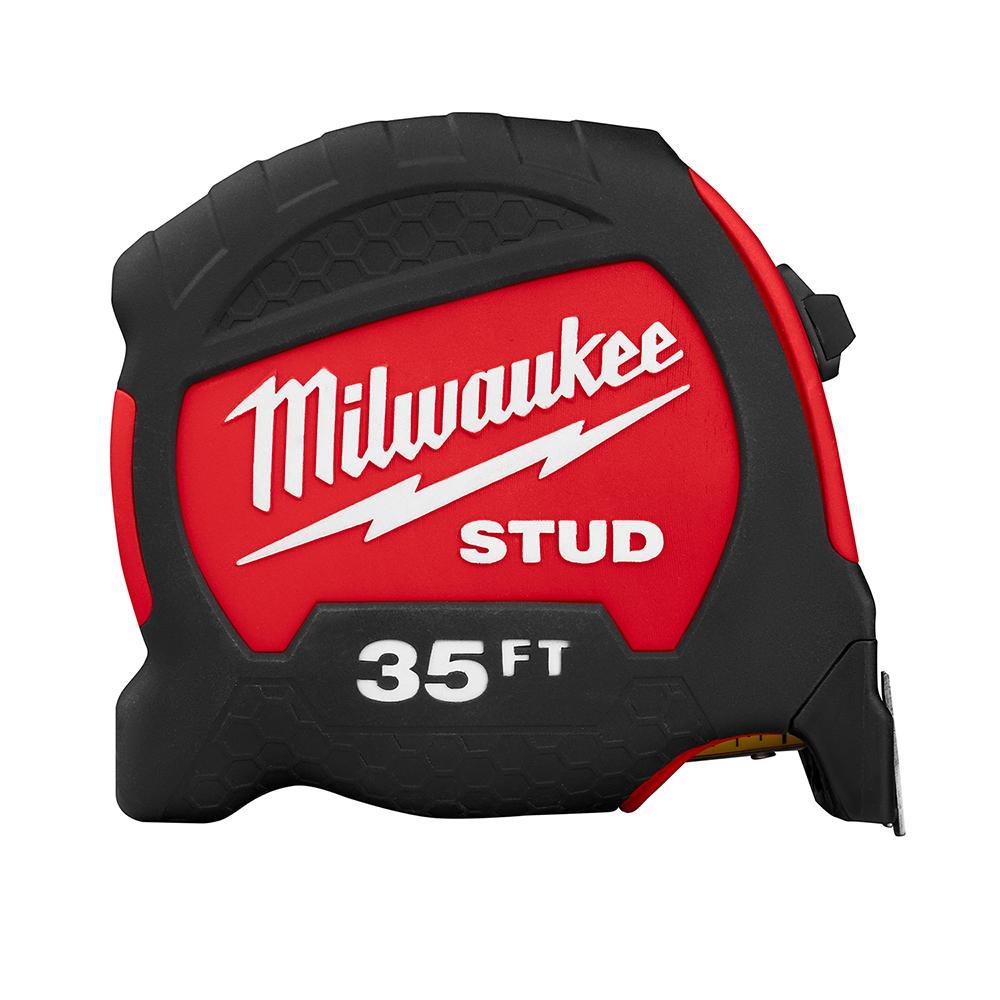 Milwaukee® STUD™ 48-22-9735 Measuring Tape With Belt Clip, 35 ft L x 1-5/16 in W Blade, Steel Blade, 1/16 in, 1/8 in, 1/4 in, 1/2 in, 1 ft Graduation