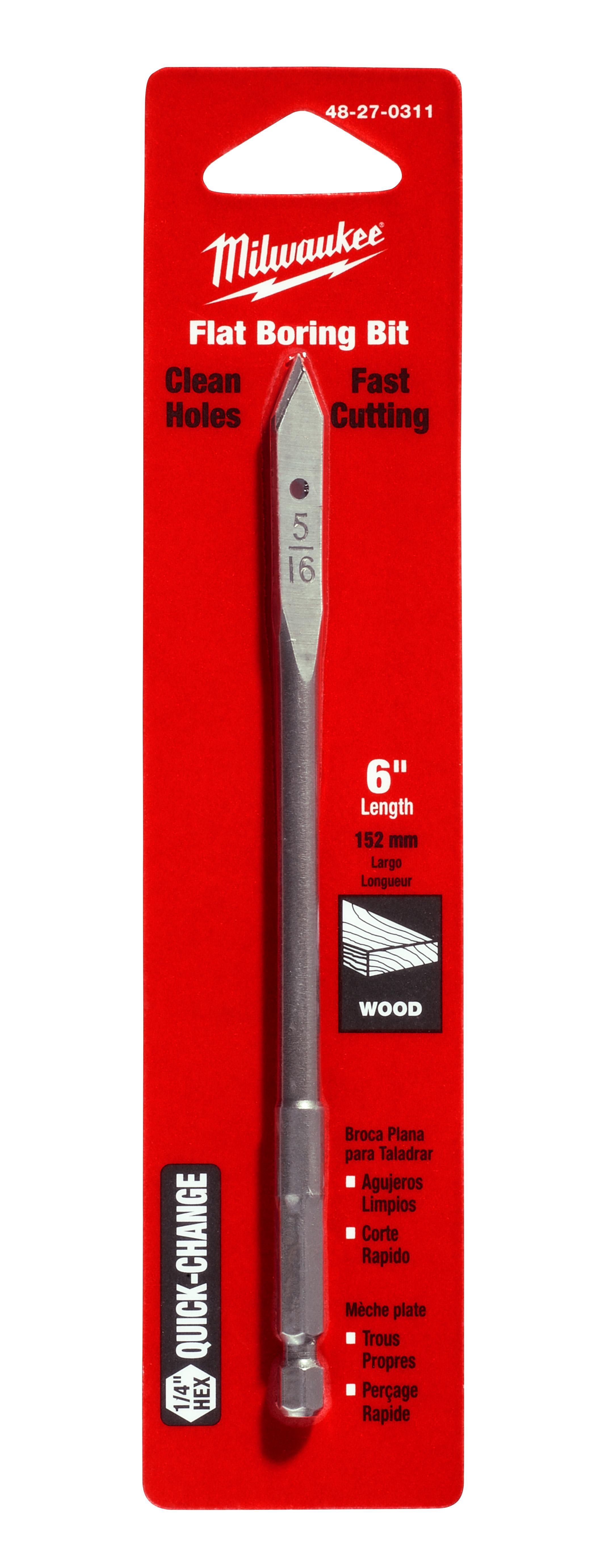 Milwaukee® 48-27-0311 Flat Boring Bit, 5/16 in Dia, 6 in OAL, Flat Flute, 1/4 in Shank