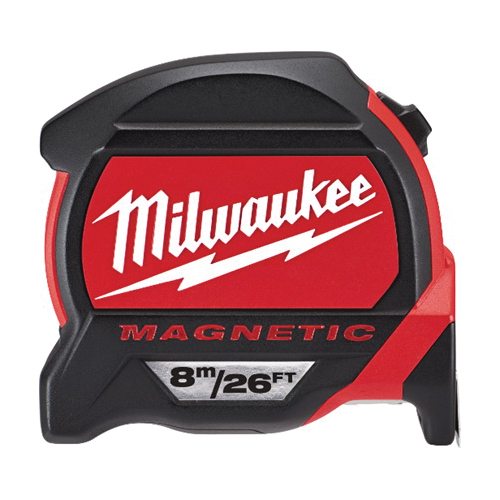 Milwaukee® 48-22-7225 Magnetic Premium Measuring Tape With Belt Clip, 26 ft L x 1 in W Blade, Steel Blade, 1/16 in Top, 1 mm Bottom Graduation