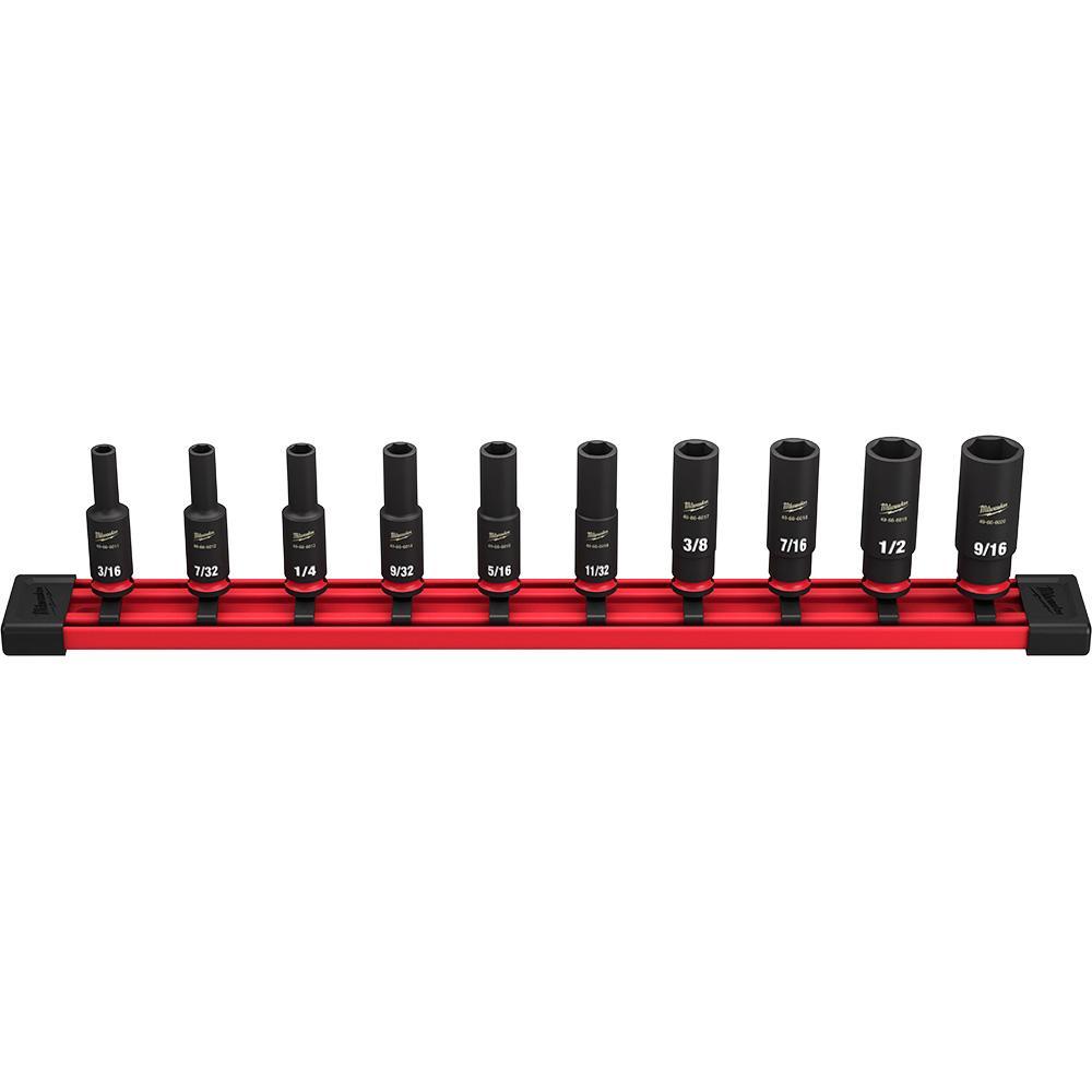Milwaukee® SHOCKWAVE™ Impact Duty™ 49-66-7001 Deep Socket Set, ASME Specified, 6 Points, 1/4 in Drive, 10 Pieces, Hex, Included Socket Size: 3/16 in, 7/32 in, 1/4 in, 9/32 in, 5/16 in, 11/32 in, 3/8 in, 7/16 in, 1/2 in and 9/16 in, Case Container