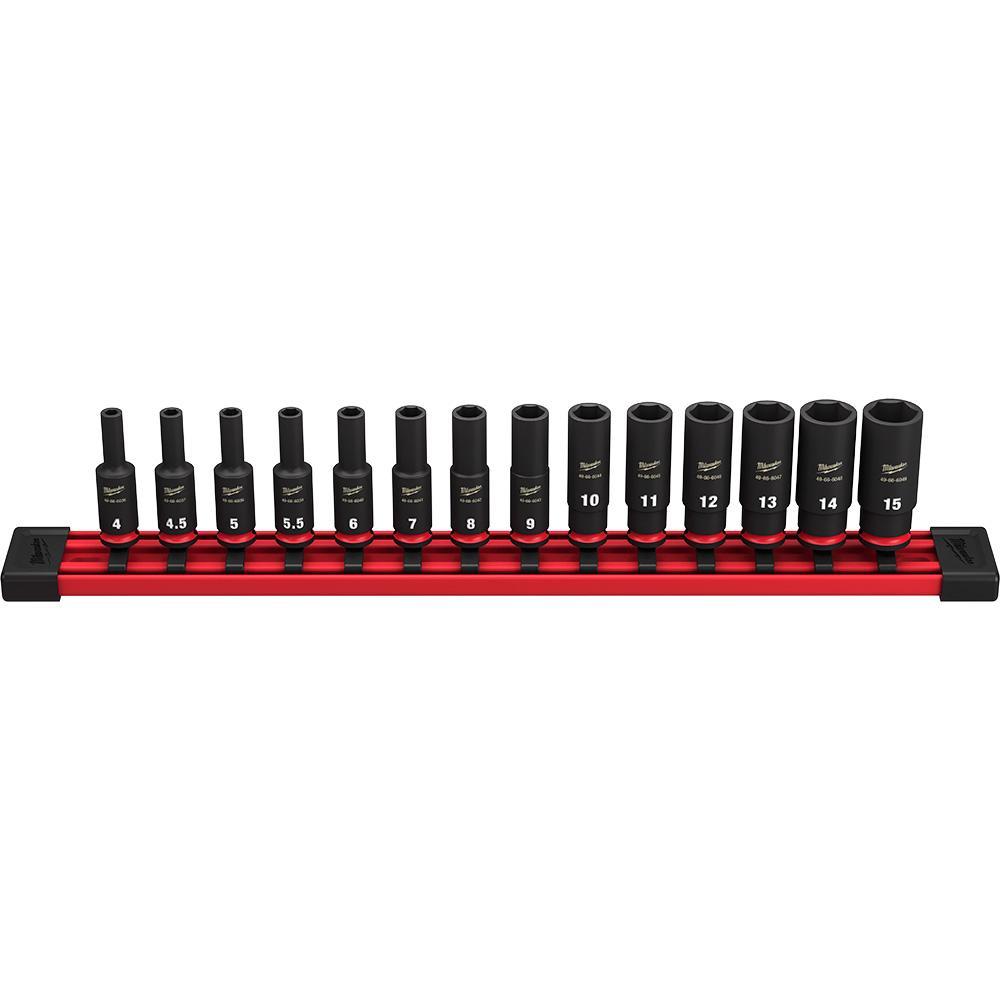 Milwaukee® SHOCKWAVE™ Impact Duty™ 49-66-7003 Deep Socket Set, ASME Specified, 6 Points, 1/4 in Drive, 14 Pieces, Hex, Included Socket Size: 4 mm, 4.5 mm, 5 mm, 6 mm, 7 mm, 8 mm, 9 mm, 10 mm, 11 mm, 12 mm, 13 mm, 14 and 15, Case Container