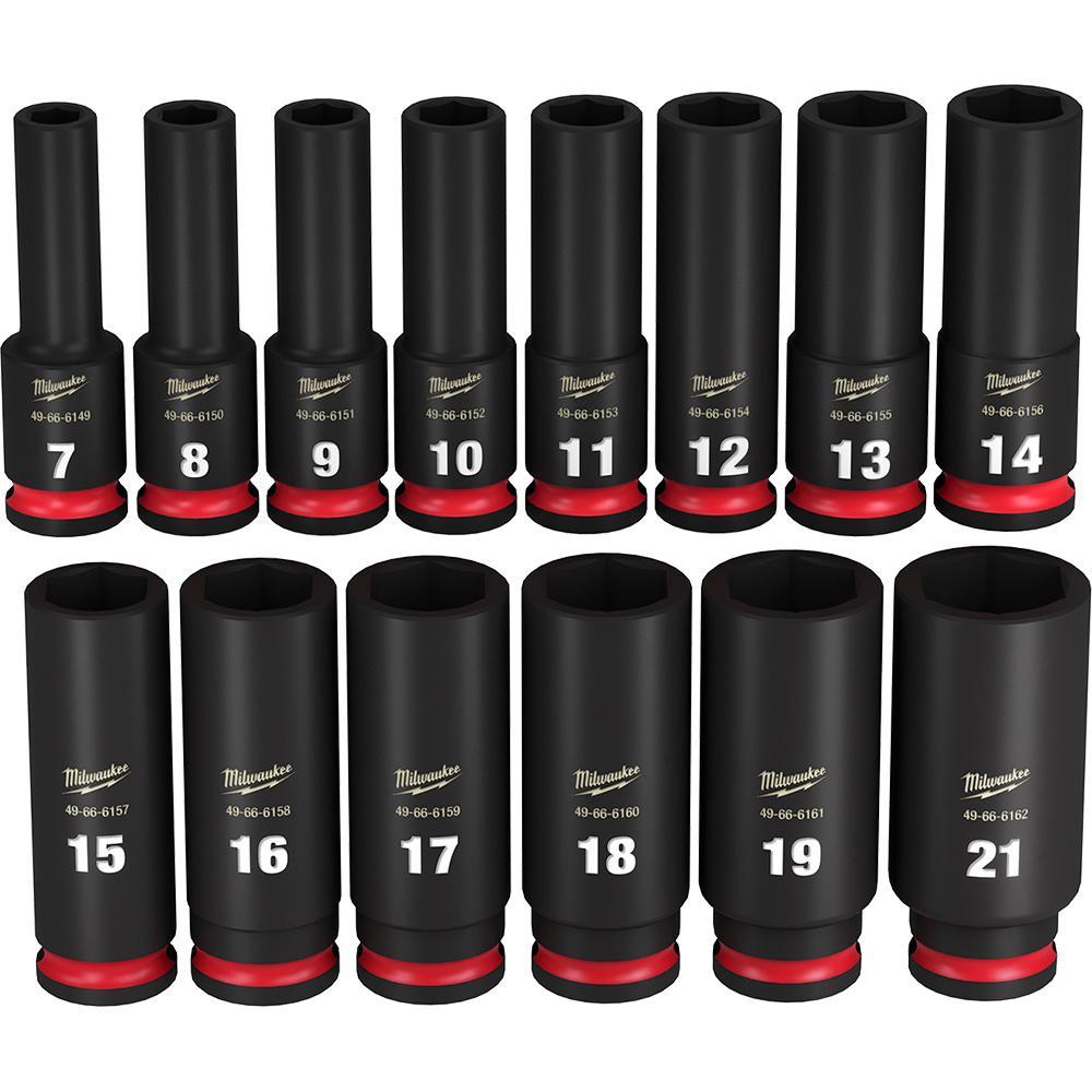 Milwaukee® SHOCKWAVE™ Impact Duty™ 49-66-7008 Deep Socket Set, ASME Specified, 6 Points, 3/8 in Drive, 14 Pieces, Hex, Included Socket Size: 7 mm, 8 mm, 9 mm, 10 mm, 11 mm, 12 mm, 13 mm, 14 mm, 15 mm, 16 mm, 17 mm, 18 mm, 19 mm and 21 mm, Case Container