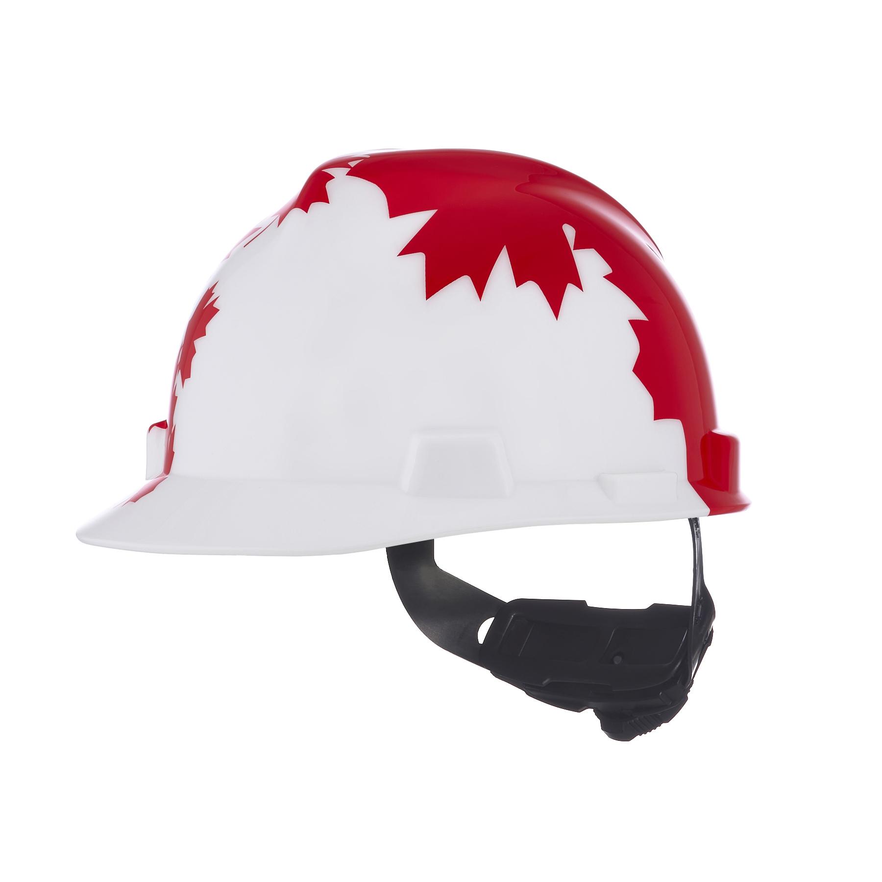 MSA V-Gard® 10050613 Hard Hat With Red Maple Leaf, 6-1/2 Fits Mini Hat, 8 Fits Max Hat, Polyethylene, 4-Point Fas-Trac® III Suspension, ANSI Electrical Class Rating: Class E, ANSI Impact Rating: Type I, Ratchet Adjustment