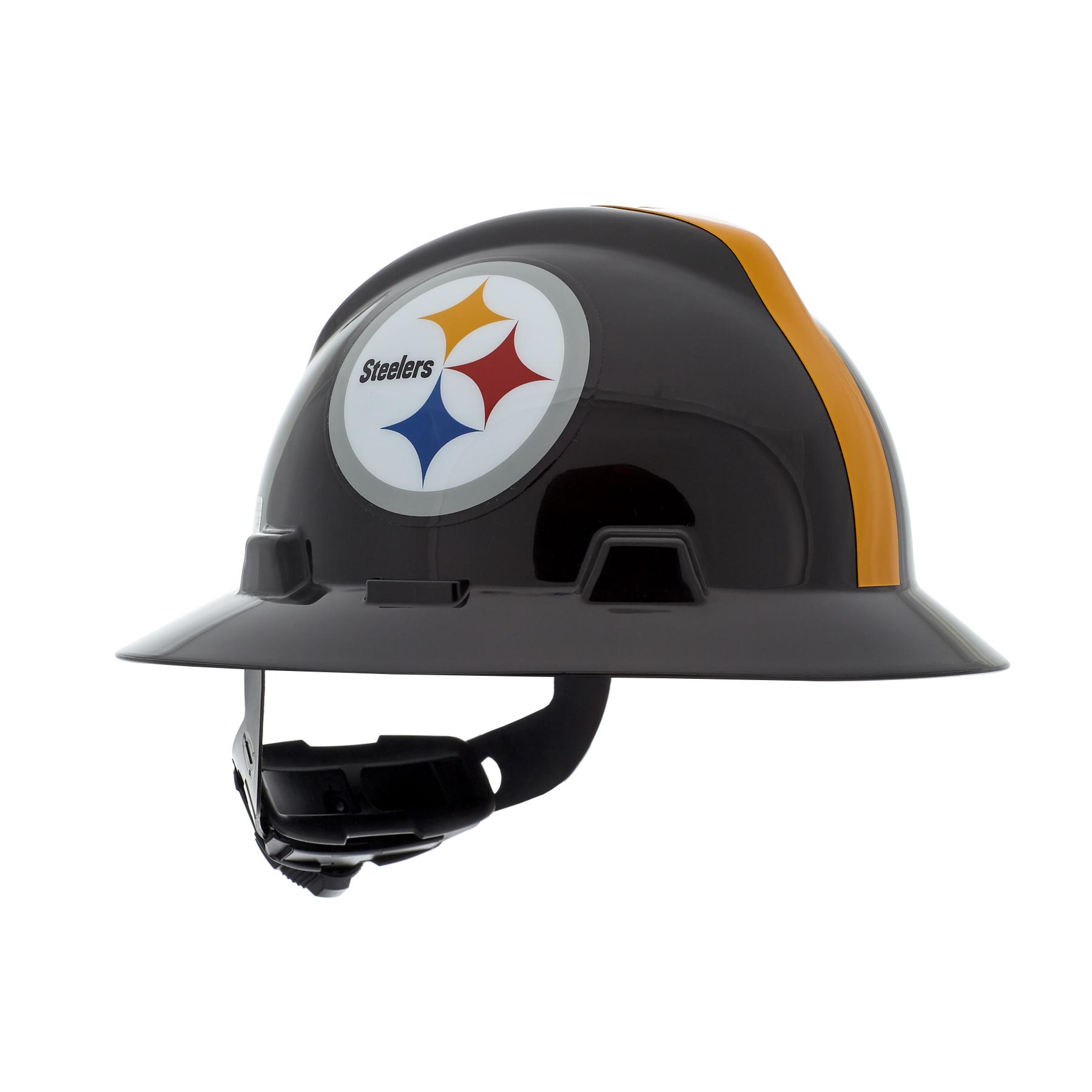 MSA V-Gard® 10194779 Full Brim NFL Hard Hat, 6-1/2 in Fits Mini Hat, 8 in Fits Max Hat, Polyethylene, Fas-Trac® III Suspension, ANSI Electrical Class Rating: Class E, ANSI Impact Rating: Type I, Pittsburgh Steelers Logo Graphics, Ratchet Adjustment