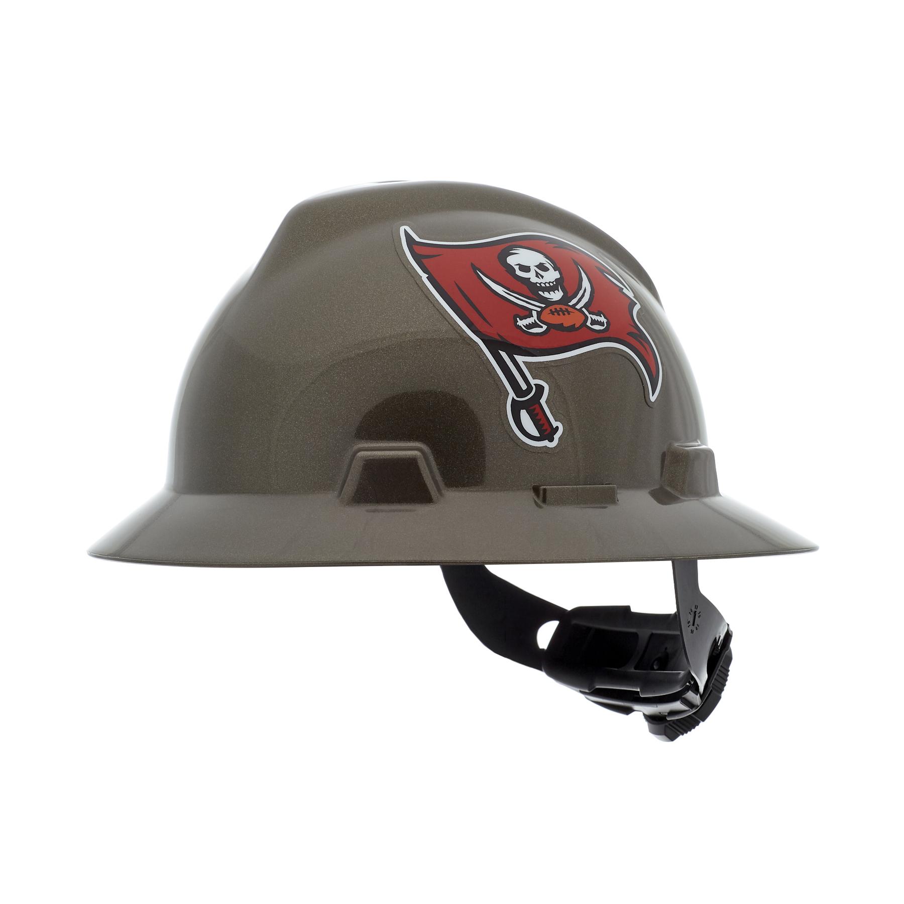 MSA V-Gard® 10194812 Full Brim NFL Hard Hat, 6-1/2 in Fits Mini Hat, 8 in Fits Max Hat, Polyethylene, Fas-Trac® III Suspension, ANSI Electrical Class Rating: Class E, ANSI Impact Rating: Type I, Tampa Bay Buccaneers Logo Graphics, Ratchet Adjustment