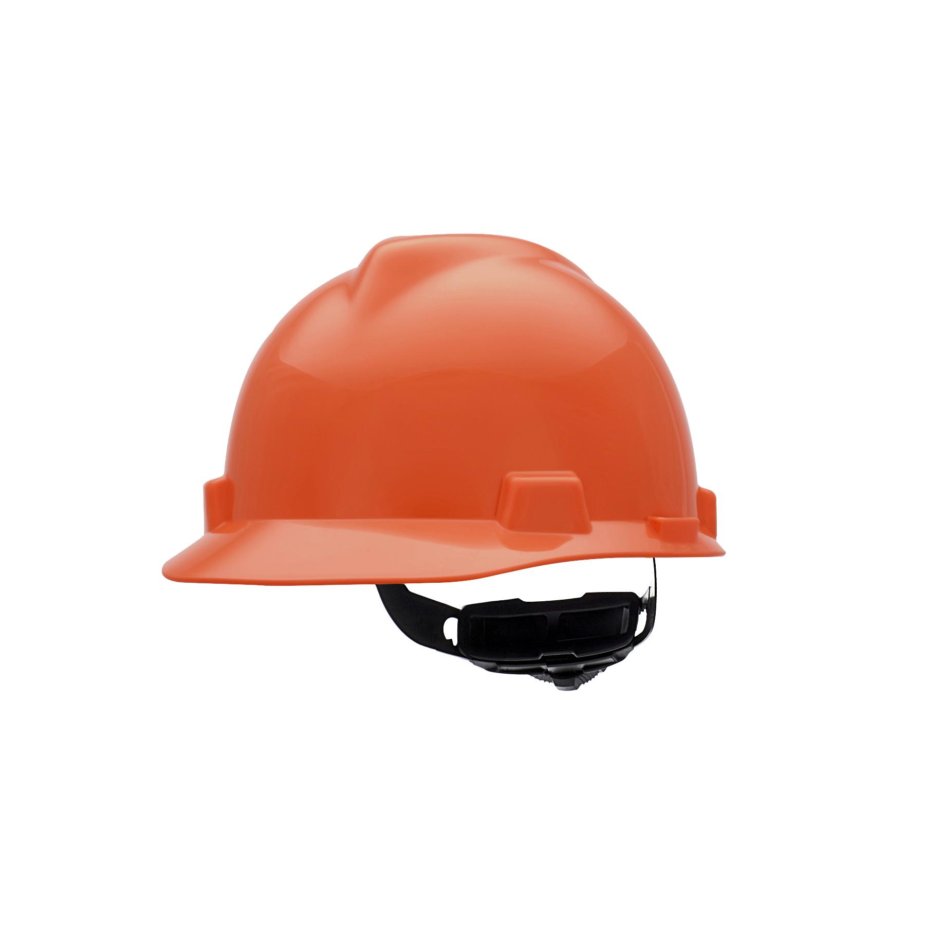 MSA V-Gard® 475361 Front Brim Hard Hat, 6-1/2 Fits Mini Hat, 8 Fits Max Hat, Polyethylene, 4-Point Fas-Trac® III Suspension, ANSI Electrical Class Rating: Class E, ANSI Impact Rating: Type I, Ratchet Adjustment
