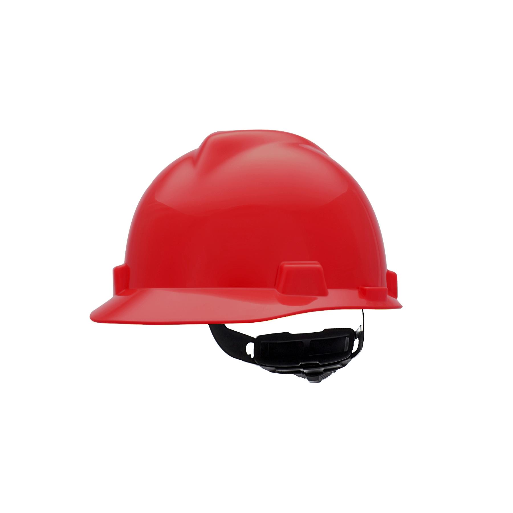 MSA V-Gard® 475363 Front Brim Hard Hat, 6-1/2 Fits Mini Hat, 8 Fits Max Hat, Polyethylene, 4-Point Fas-Trac® III Suspension, ANSI Electrical Class Rating: Class E, ANSI Impact Rating: Type I, Ratchet Adjustment