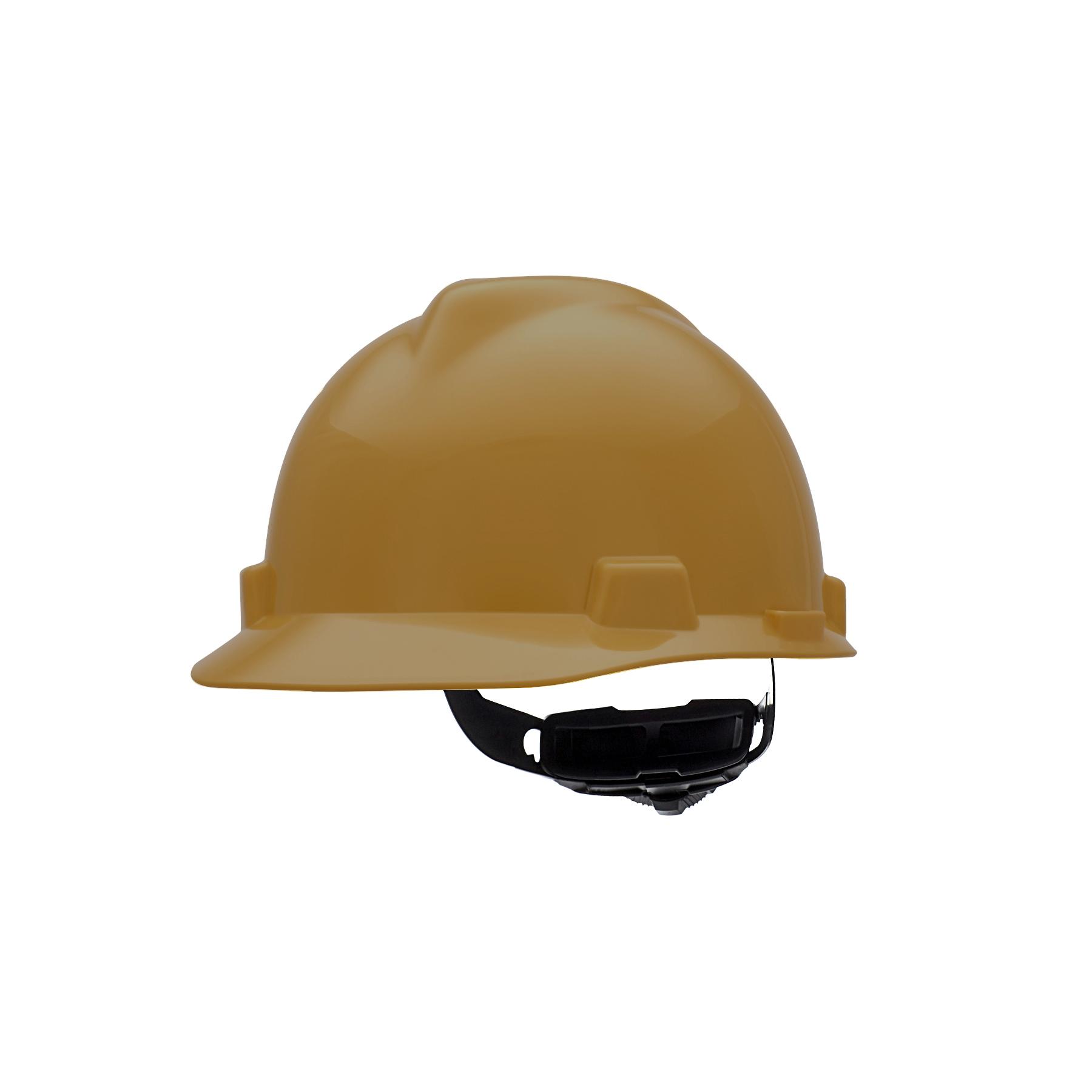 MSA V-Gard® 475365 Front Brim Hard Hat, 6-1/2 Fits Mini Hat, 8 Fits Max Hat, Polyethylene, 4-Point Fas-Trac® III Suspension, ANSI Electrical Class Rating: Class E, ANSI Impact Rating: Type I, Ratchet Adjustment