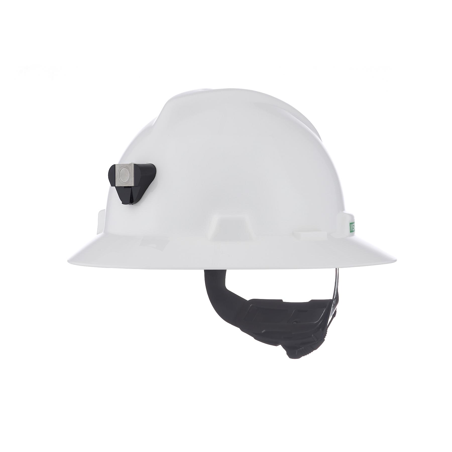 MSA V-Gard® 815009 Front/Full Brim Hat With Lamp Bracket and Cord Holder, 6-1/2 Fits Mini Hat, 8 Fits Max Hat, Polyethylene, Fas-Trac® III Suspension, ANSI Electrical Class Rating: Class E, ANSI Impact Rating: Type I, Ratchet Adjustment