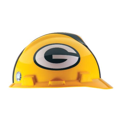 MSA V-Gard® 818395 NFL Front Brim Protective Cap, 6-1/2 Fits Mini Hat, 8 Fits Max Hat, Polyethylene, 1-Touch® Suspension, ANSI Electrical Class Rating: Class E, ANSI Impact Rating: Type I, Green Bay Packers Graphics, Pin Lock Adjustment