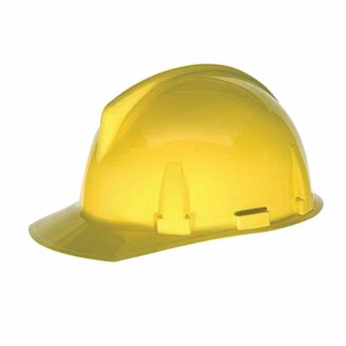 MSA Topgard® 475387 Full Brim Non-Vented Hard Hat, 6-1/2 Fits Mini Hat, 8 Fits Max Hat, Polycarbonate, 4-Point Fas-Trac® III Suspension, ANSI Electrical Class Rating: Class E, ANSI Impact Rating: Type I, Ratchet Adjustment