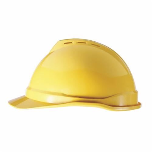MSA V-Gard® 10034020 500 Front Brim Vented Hard Hat, 6-1/2 Fits Mini Hat, 8 Fits Max Hat, Polyethylene, 4-Point Fas-Trac® III Suspension, ANSI Electrical Class Rating: Class C, ANSI Impact Rating: Type I, Ratchet Adjustment