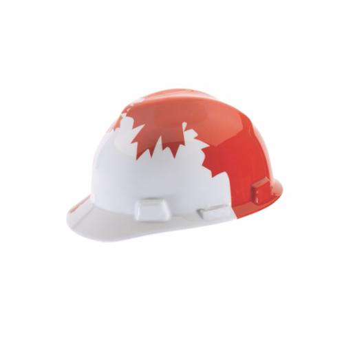 MSA V-Gard® 10082234 Canadian Freedom Front Brim Protective Cap With Red Maple Leaf, Plastic, Ratchet Suspension, White with Red Maple Leaf Graphics, Ratchet Adjustment
