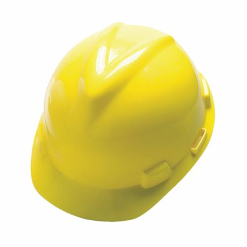 MSA V-Gard® 463944 Front Brim Hard Hat, 6-1/2 Fits Mini Hat, 8 Fits Max Hat, Polyethylene, 4-Point Staz-On® Suspension, ANSI Electrical Class Rating: Class E, ANSI Impact Rating: Type I, Pin Lock Adjustment