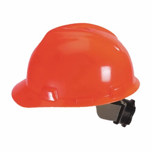 MSA V-Gard® 488146 Front Brim Hard Hat, 6-1/2 Fits Mini Hat, 8 Fits Max Hat, Polyethylene, 4-Point Fas-Trac® III Suspension, ANSI Electrical Class Rating: Class E, ANSI Impact Rating: Type I, Ratchet Adjustment