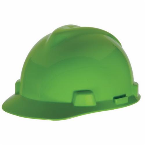 MSA V-Gard® 815565 Front Brim Hard Hat, 6-1/2 Fits Mini Hat, 8 Fits Max Hat, Polyethylene, 4-Point Fas-Trac® III Suspension, ANSI Electrical Class Rating: Class E, ANSI Impact Rating: Type I, Ratchet Adjustment