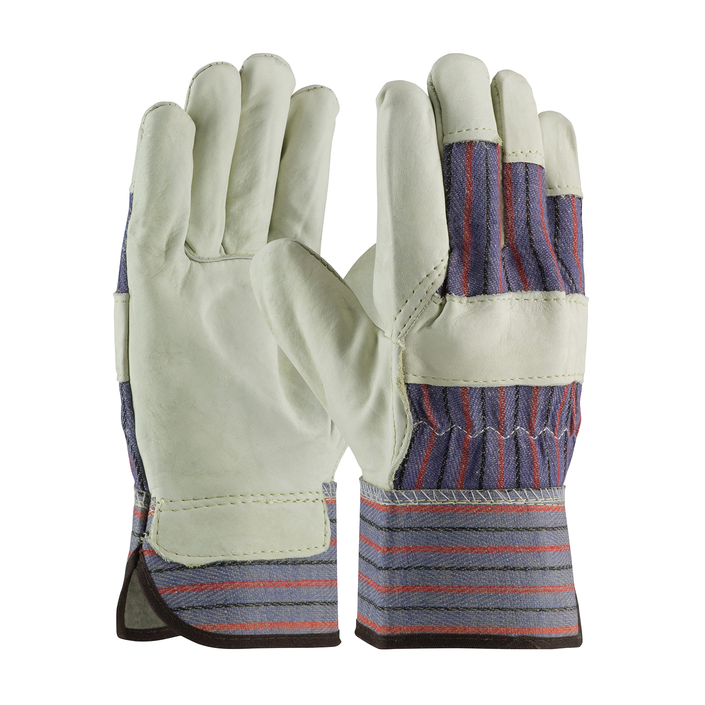 PIP® 87-1563/L Standard Grade Gloves, Gunn Cut/Breathable, Wing Thumb Style, L, Top Grain Cowhide Leather/Cotton Palm, Top Grain Cowhide Leather/Cotton, Black/Blue/Natural/Red, Rubberized Safety Cuff, Resists: Abrasion, Cotton Lining