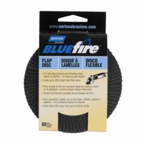 Norton® BlueFire® 20X™ 07660703216 R884P Arbor Thread High Performance Standard Density Coated Abrasive Flap Disc, 4 in Dia, P80 Grit, Coarse Grade, Zirconia Alumina Plus Abrasive, Type 29 Disc
