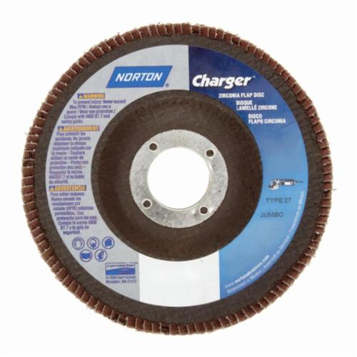 Norton® Charger™ 63642503512 R822 Arbor Thread Standard Density Versatile Coated Abrasive Flap Disc, 4-1/2 in Dia, P60 Grit, Coarse Grade, Zirconia Alumina Abrasive, Type 27 Flat Disc