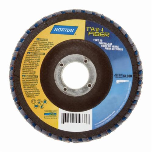 Norton® Red Heat® 63642504330 R961 Center Mount Coated Abrasive Flap Disc, 4-1/2 in Dia, 7/8 in Center Hole, P40 Grit, Extra Coarse Grade, Ceramic Alumina/Zirconia Alumina Abrasive, Type 29 Conical Disc