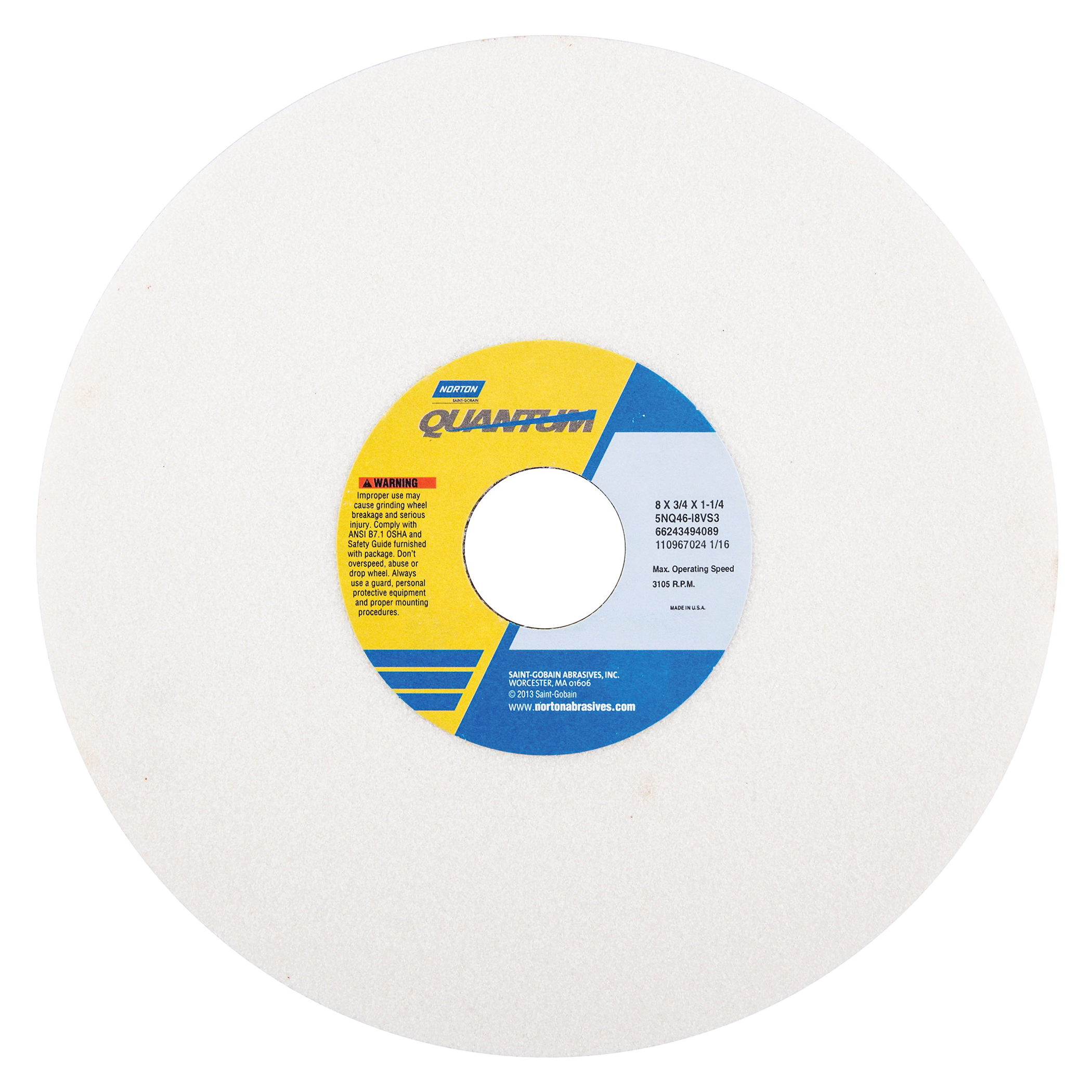 Norton® Quantum™ 66243494089 5NQ Straight Toolroom Wheel, 8 in Dia x 3/4 in THK, 1-1/4 in Center Hole, 46 Grit, Ceramic Alumina Abrasive