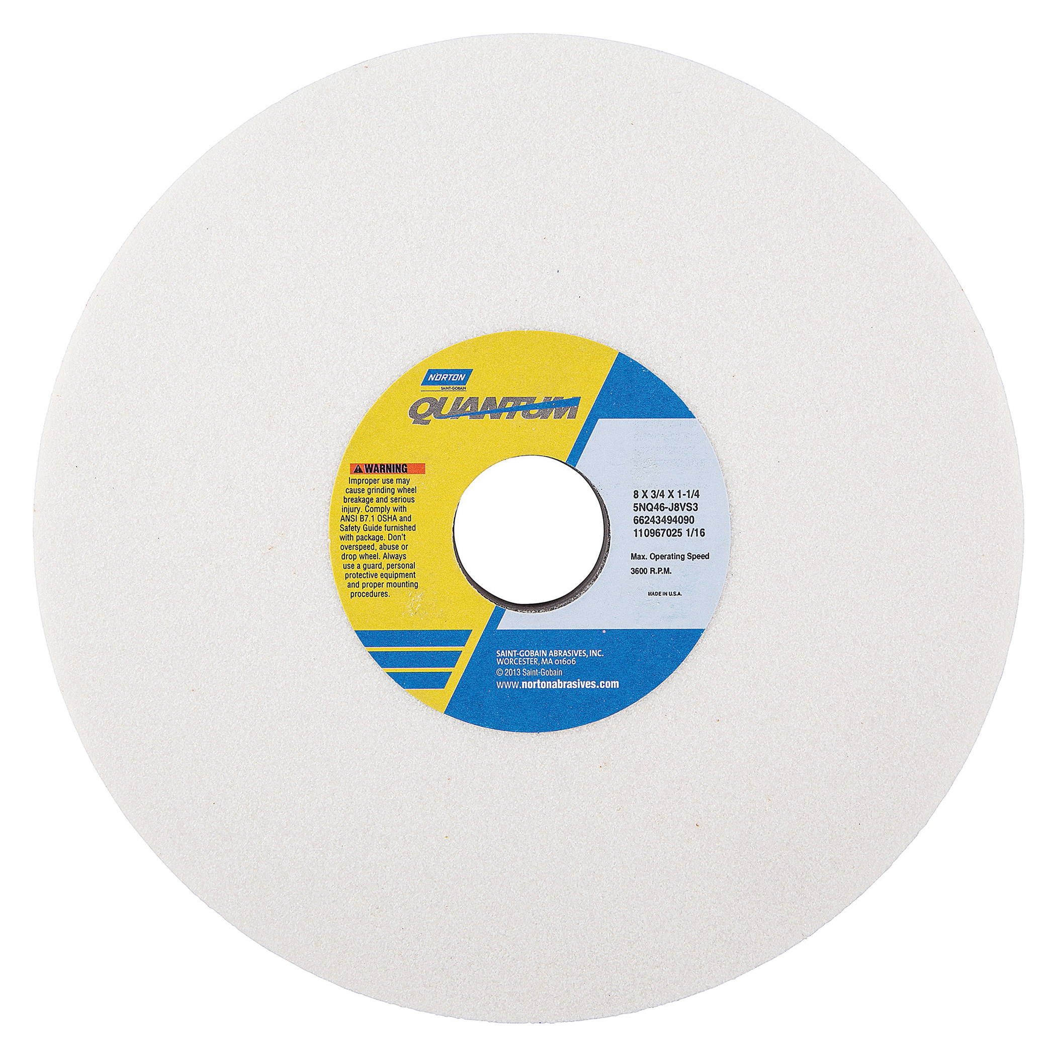 Norton® Quantum™ 66243494090 5NQ Straight Toolroom Wheel, 8 in Dia x 3/4 in THK, 1-1/4 in Center Hole, 46 Grit, Ceramic Alumina Abrasive