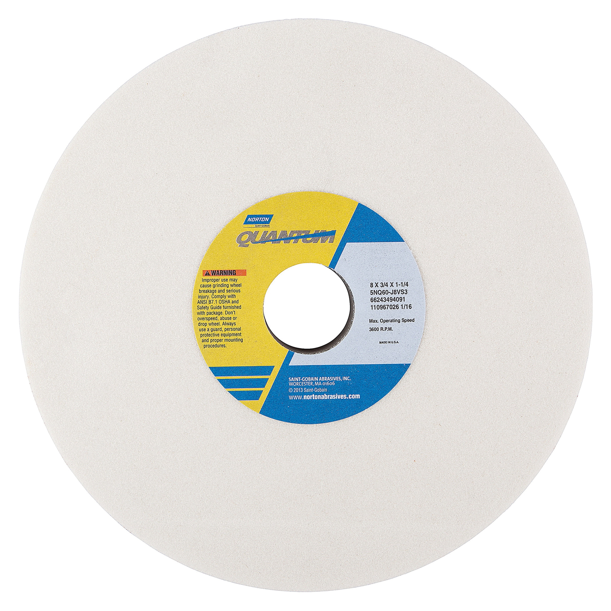 Norton® Quantum™ 66243494091 5NQ Straight Toolroom Wheel, 8 in Dia x 3/4 in THK, 1-1/4 in Center Hole, 60 Grit, Ceramic Alumina Abrasive