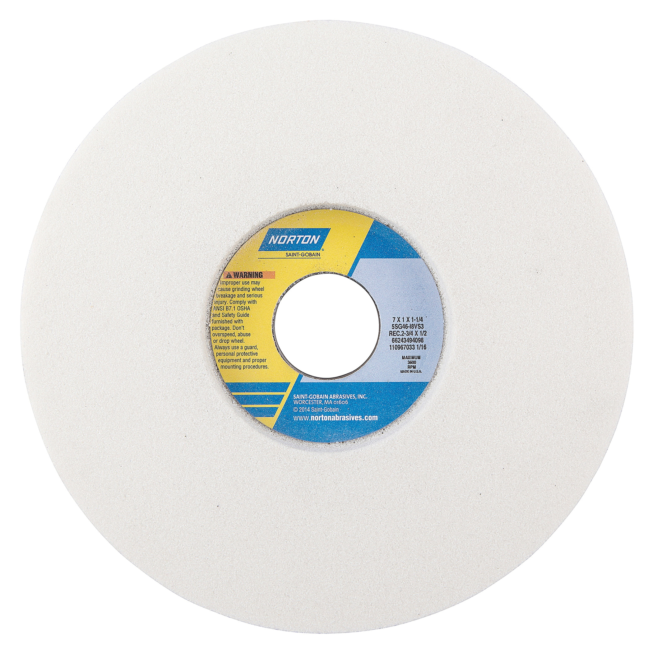 Norton® Vitrium3® 66243494098 5SG 1-Side Recessed Toolroom Wheel, 7 in Dia x 1 in THK, 1-1/4 in Center Hole, 46 Grit, Ceramic Alumina Abrasive