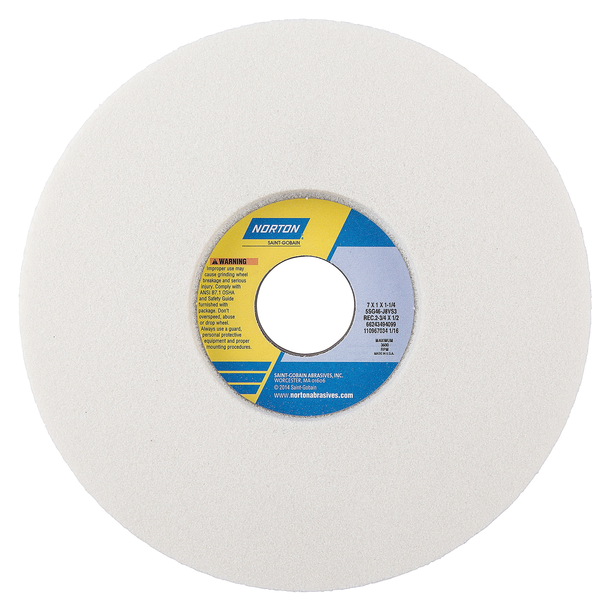 Norton® Vitrium3® 66243494099 5SG 1-Side Recessed Toolroom Wheel, 7 in Dia x 1 in THK, 1-1/4 in Center Hole, 46 Grit, Ceramic Alumina Abrasive