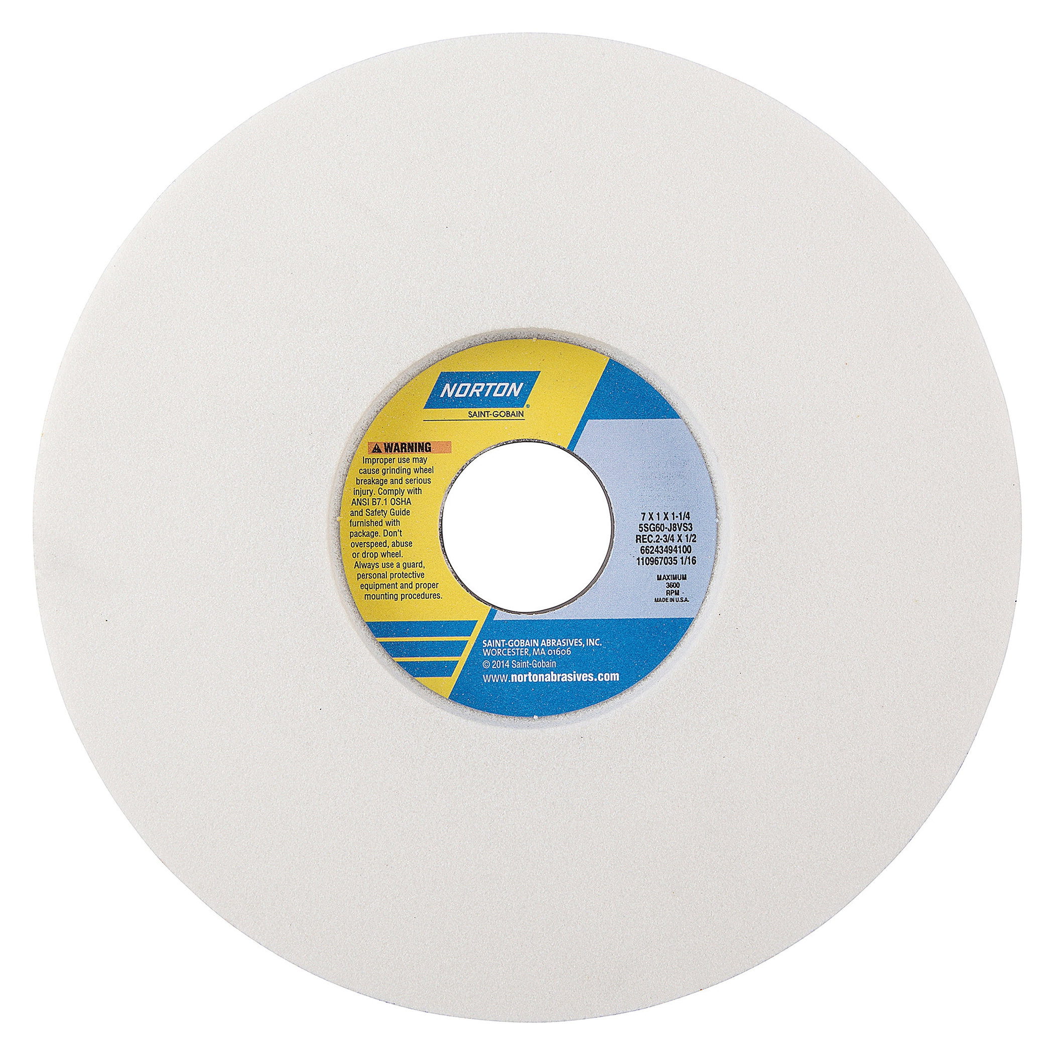 Norton® Vitrium3® 66243494100 5SG 1-Side Recessed Toolroom Wheel, 7 in Dia x 1 in THK, 1-1/4 in Center Hole, 60 Grit, Ceramic Alumina Abrasive