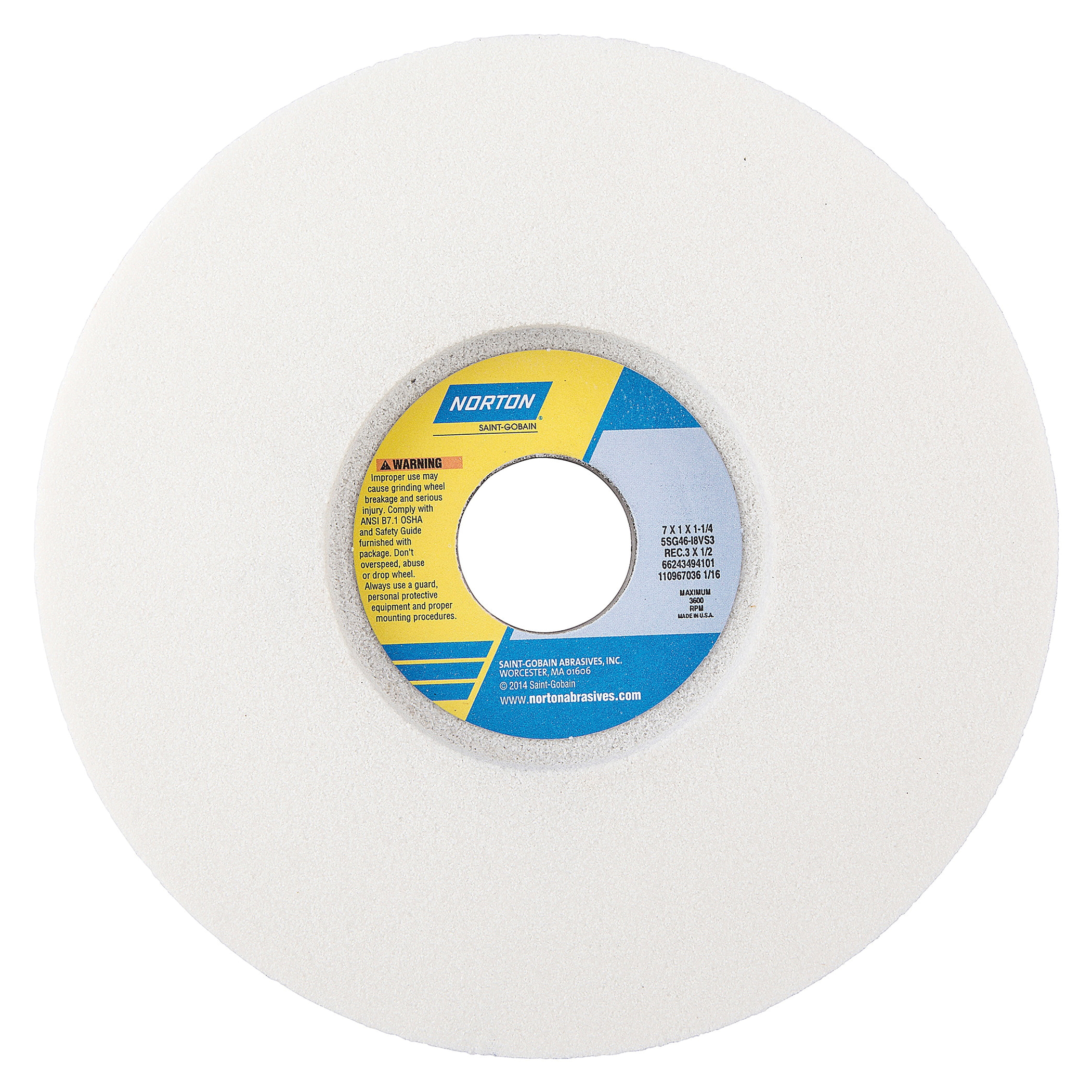 Norton® Vitrium3® 66243494101 5SG 1-Side Recessed Toolroom Wheel, 7 in Dia x 1 in THK, 1-1/4 in Center Hole, 46 Grit, Ceramic Alumina Abrasive