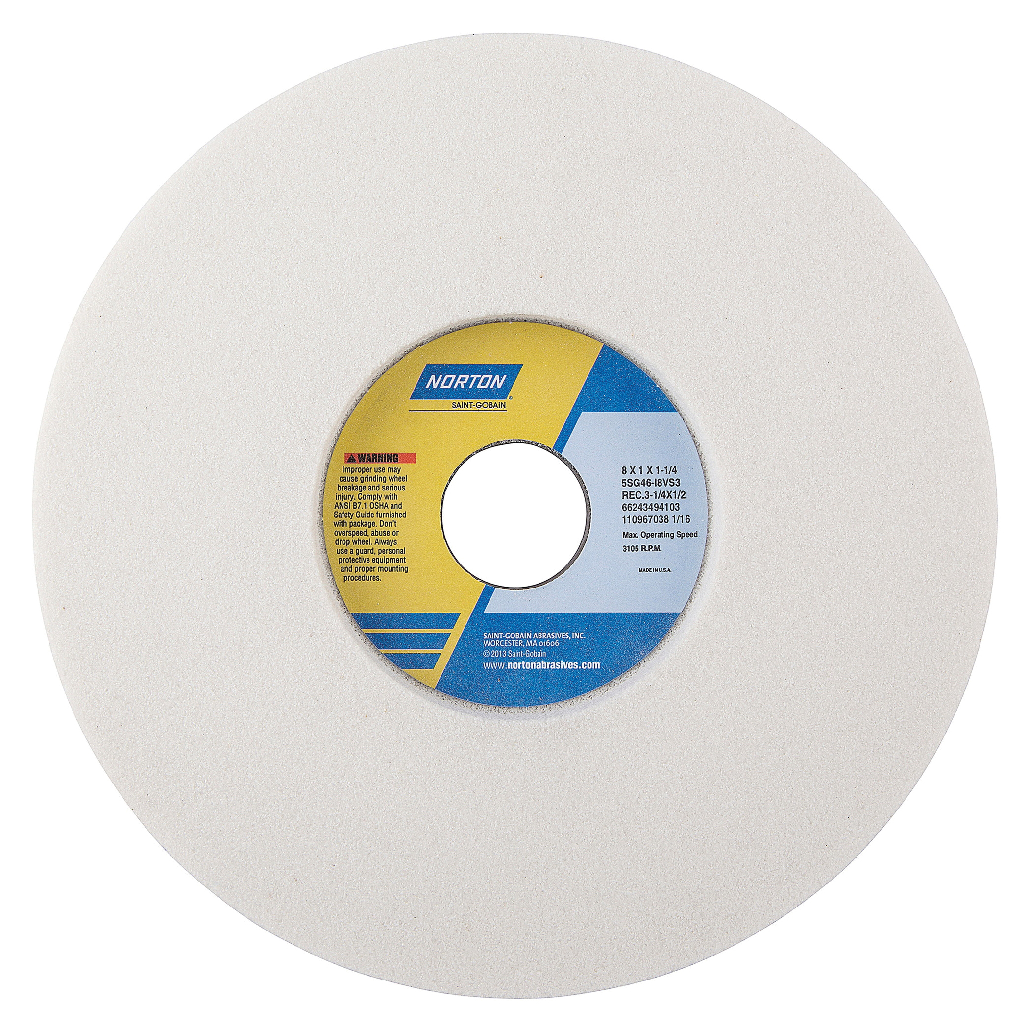 Norton® Vitrium3® 66243494103 5SG 1-Side Recessed Toolroom Wheel, 8 in Dia x 1 in THK, 1-1/4 in Center Hole, 46 Grit, Ceramic Alumina Abrasive