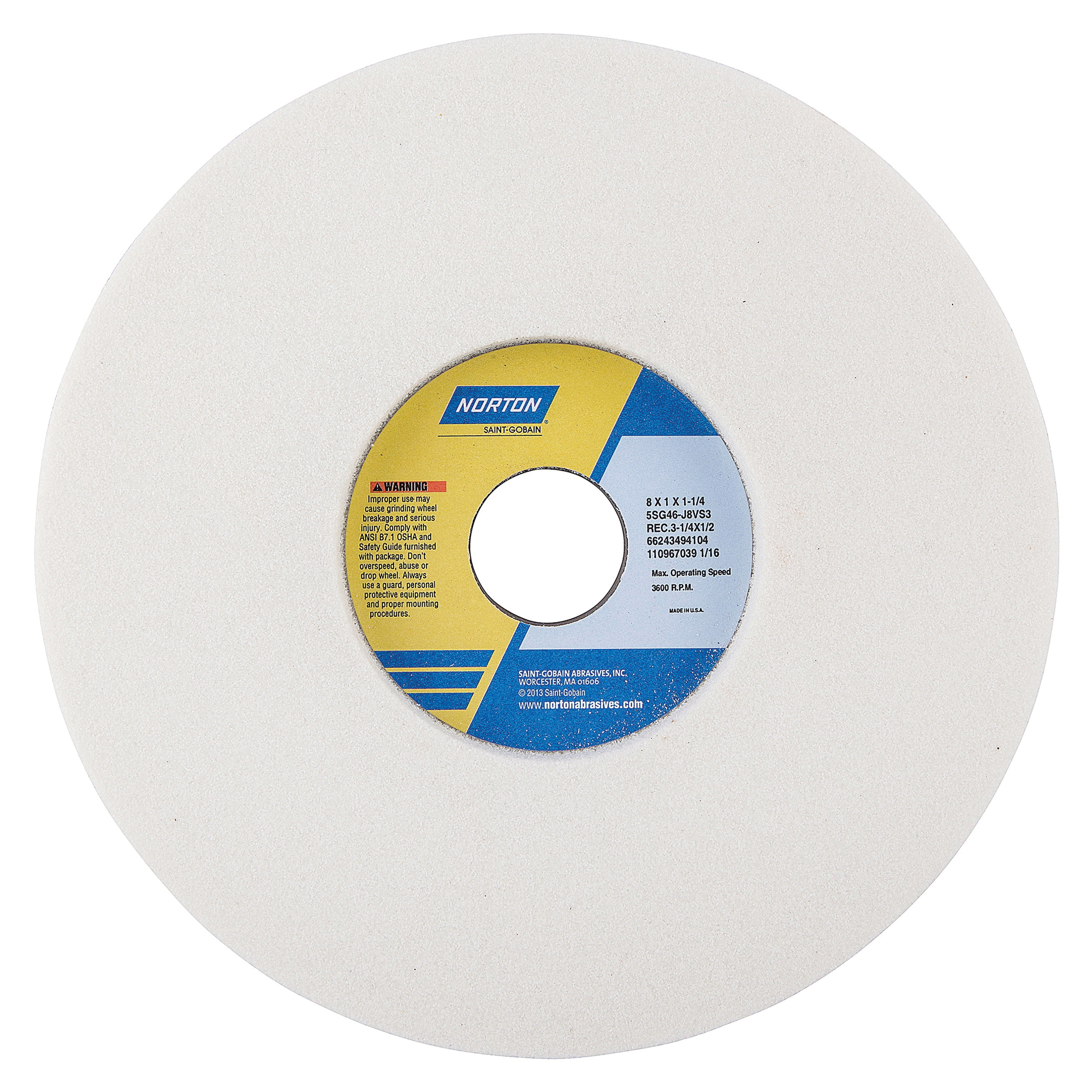 Norton® Vitrium3® 66243494104 5SG 1-Side Recessed Toolroom Wheel, 8 in Dia x 1 in THK, 1-1/4 in Center Hole, 46 Grit, Ceramic Alumina Abrasive