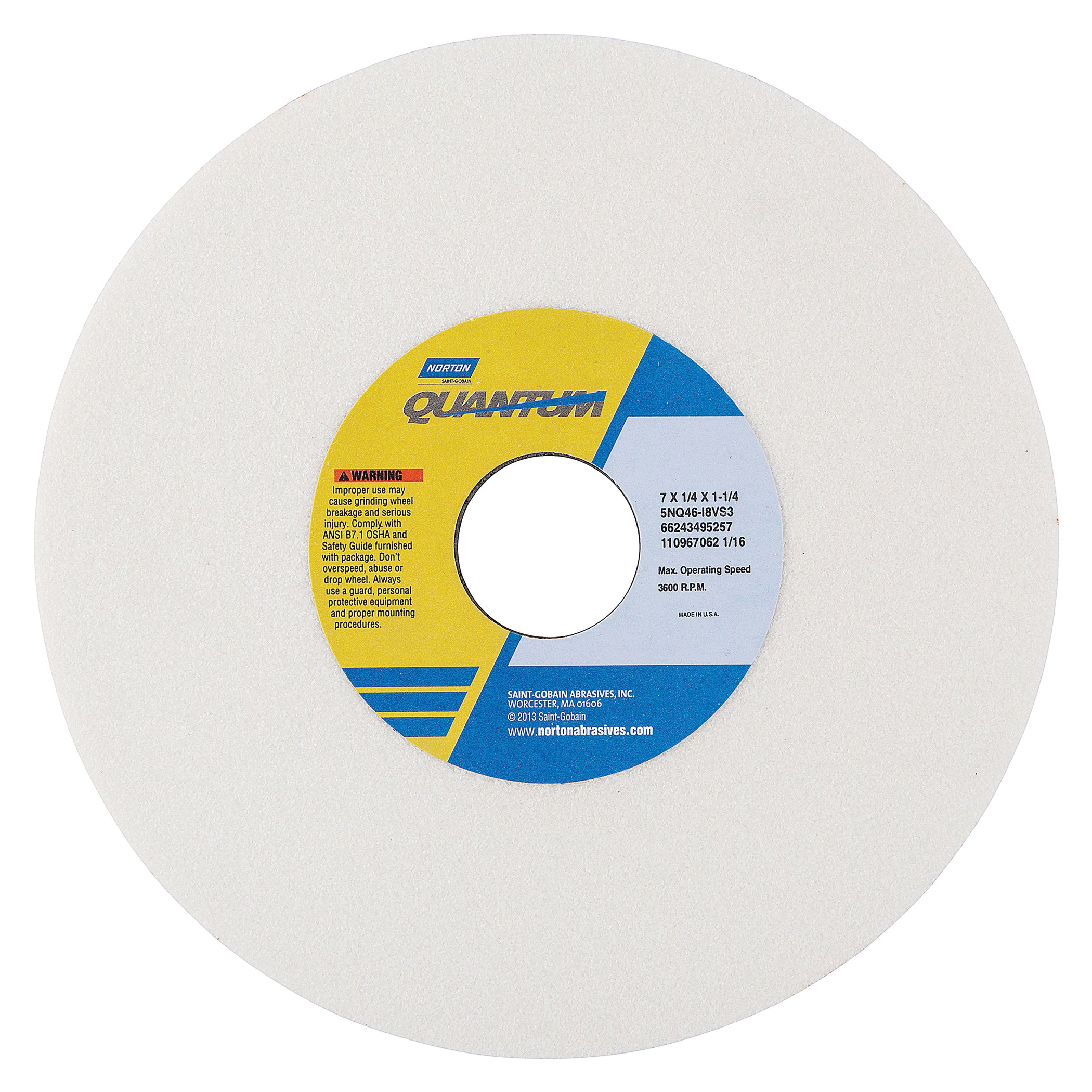 Norton® Quantum™ 66243495257 5NQ Straight Toolroom Wheel, 7 in Dia x 1/4 in THK, 1-1/4 in Center Hole, 46 Grit, Ceramic Alumina Abrasive