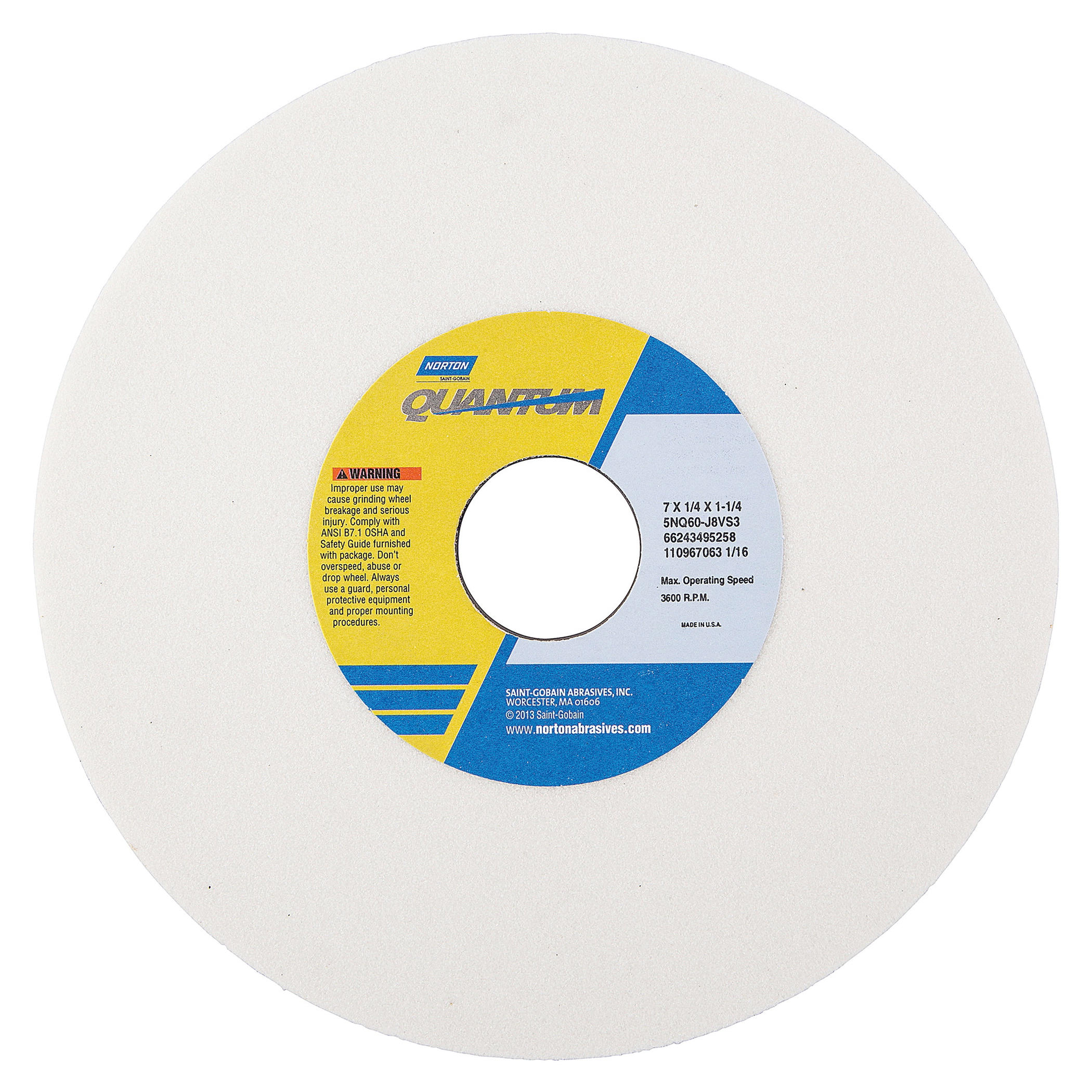Norton® Quantum™ 66243495258 5NQ Straight Toolroom Wheel, 7 in Dia x 1/4 in THK, 1-1/4 in Center Hole, 60 Grit, Ceramic Alumina Abrasive
