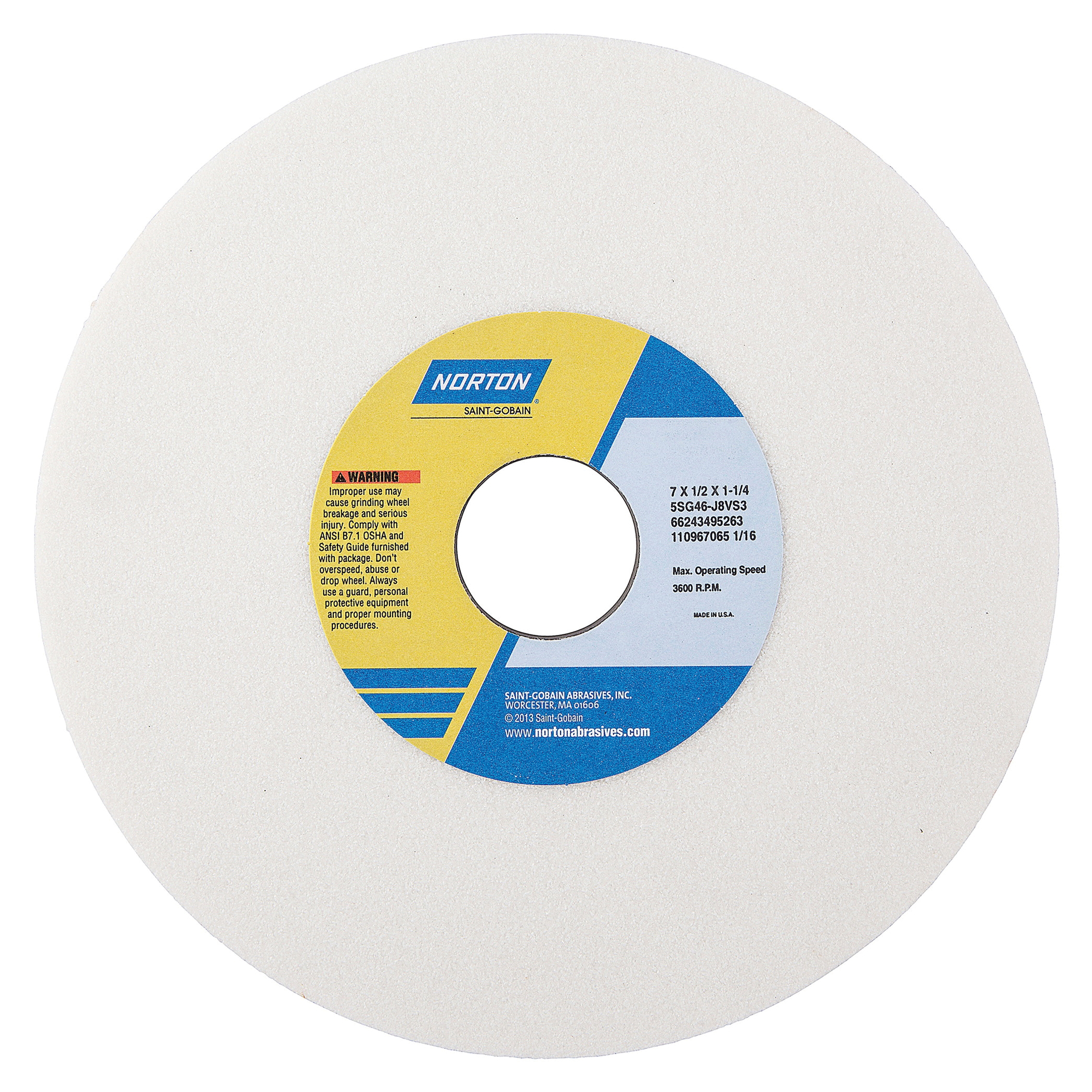 Norton® Vitrium3® 66243495263 5SG Straight Toolroom Wheel, 7 in Dia x 1/2 in THK, 1-1/4 in Center Hole, 46 Grit, Ceramic Alumina/Friable Aluminum Oxide Abrasive