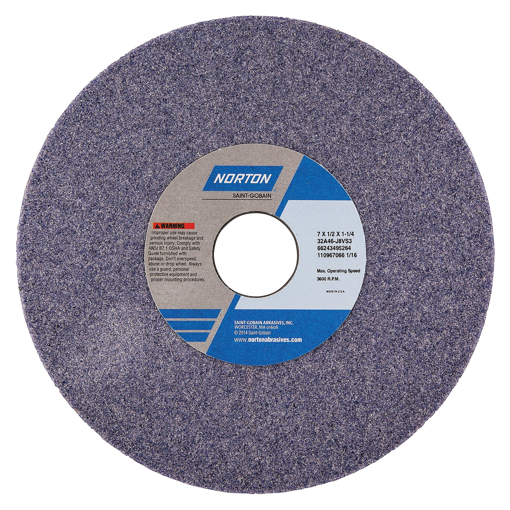 Norton® Vitrium3® 66243495264 32A Straight Toolroom Wheel, 7 in Dia x 1/2 in THK, 1-1/4 in Center Hole, 46 Grit, Aluminum Oxide Abrasive
