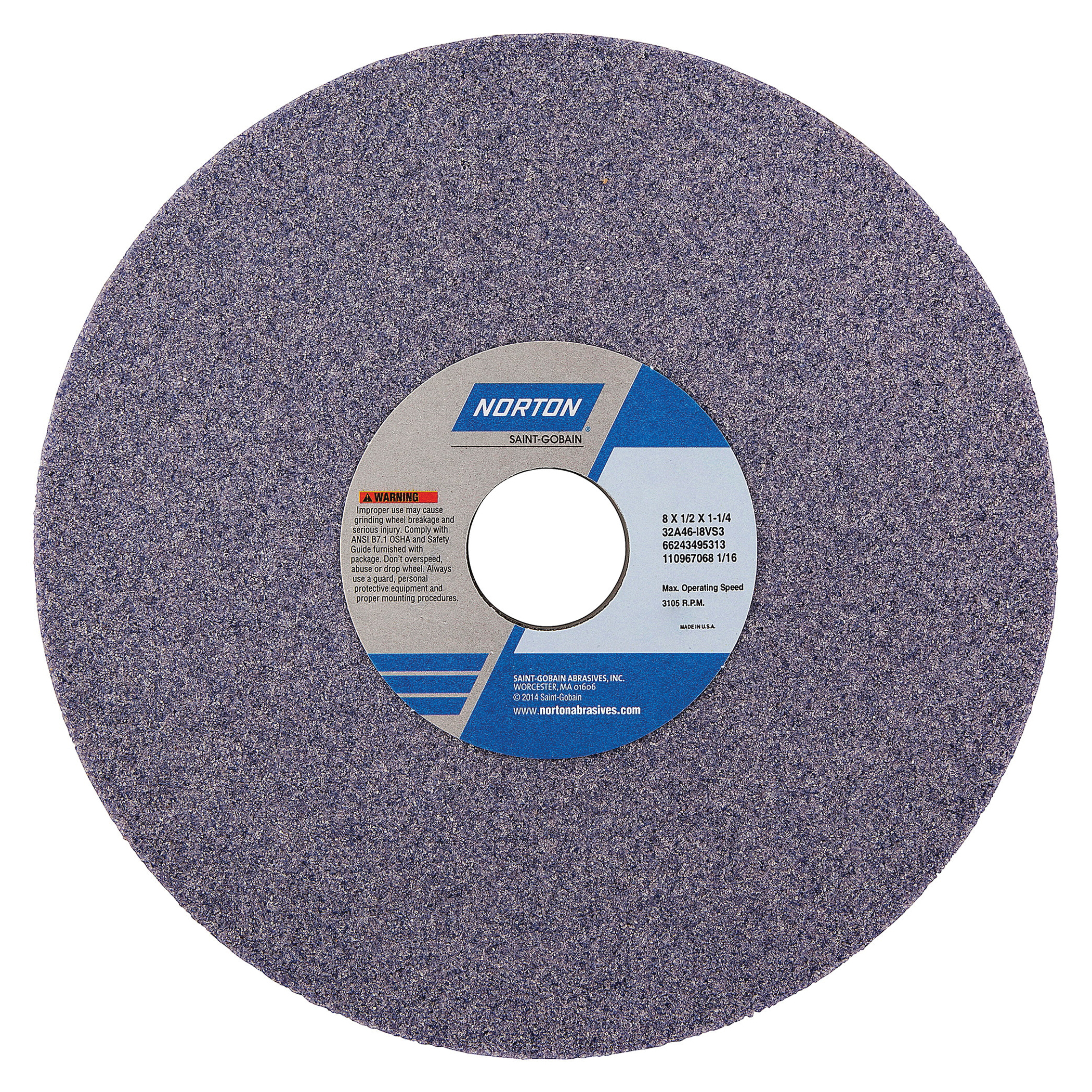 Norton® Vitrium3® 66243495313 32A Straight Toolroom Wheel, 8 in Dia x 1/2 in THK, 1-1/4 in Center Hole, 46 Grit, Aluminum Oxide Abrasive