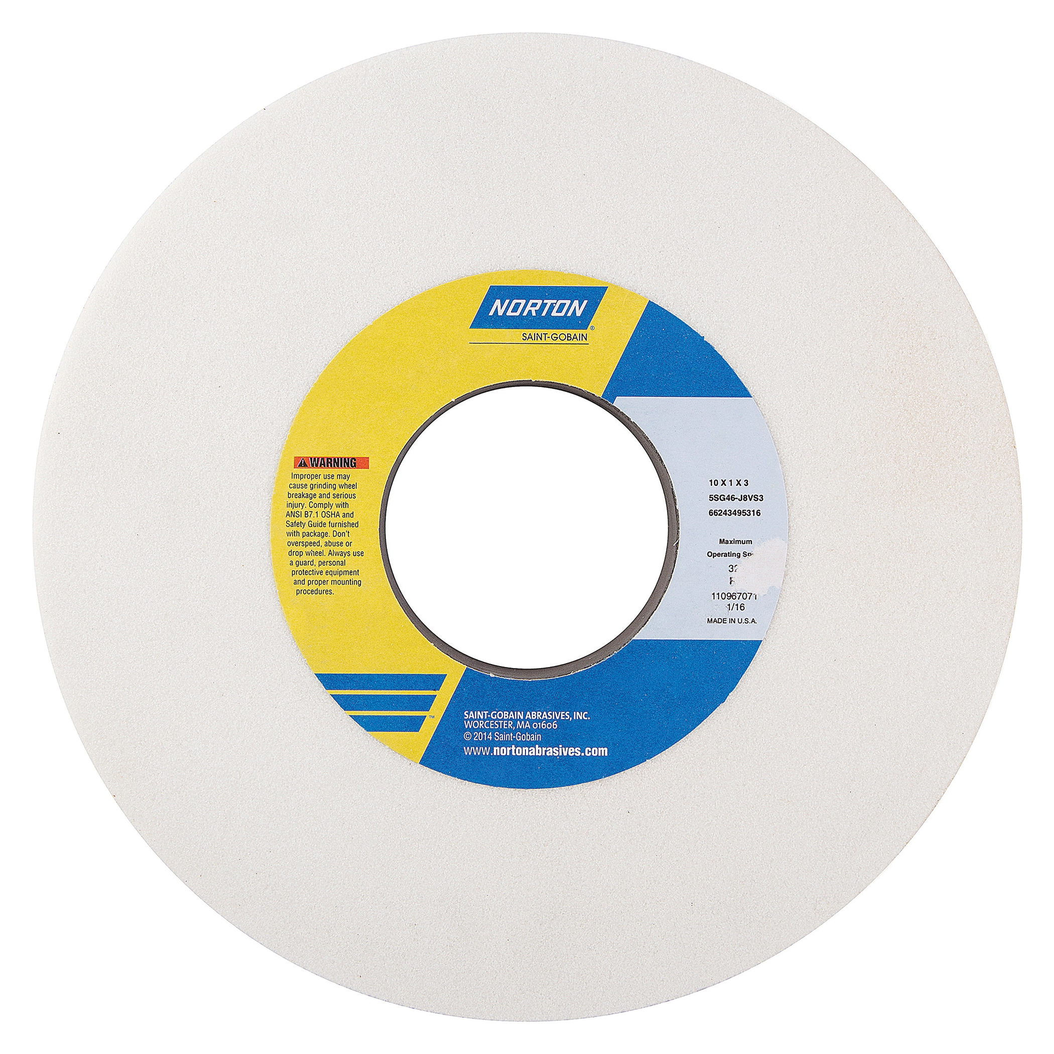 Norton® Vitrium3® 66243495316 5SG Straight Toolroom Wheel, 10 in Dia x 1 in THK, 3 in Center Hole, 46 Grit, Ceramic Alumina/Friable Aluminum Oxide Abrasive