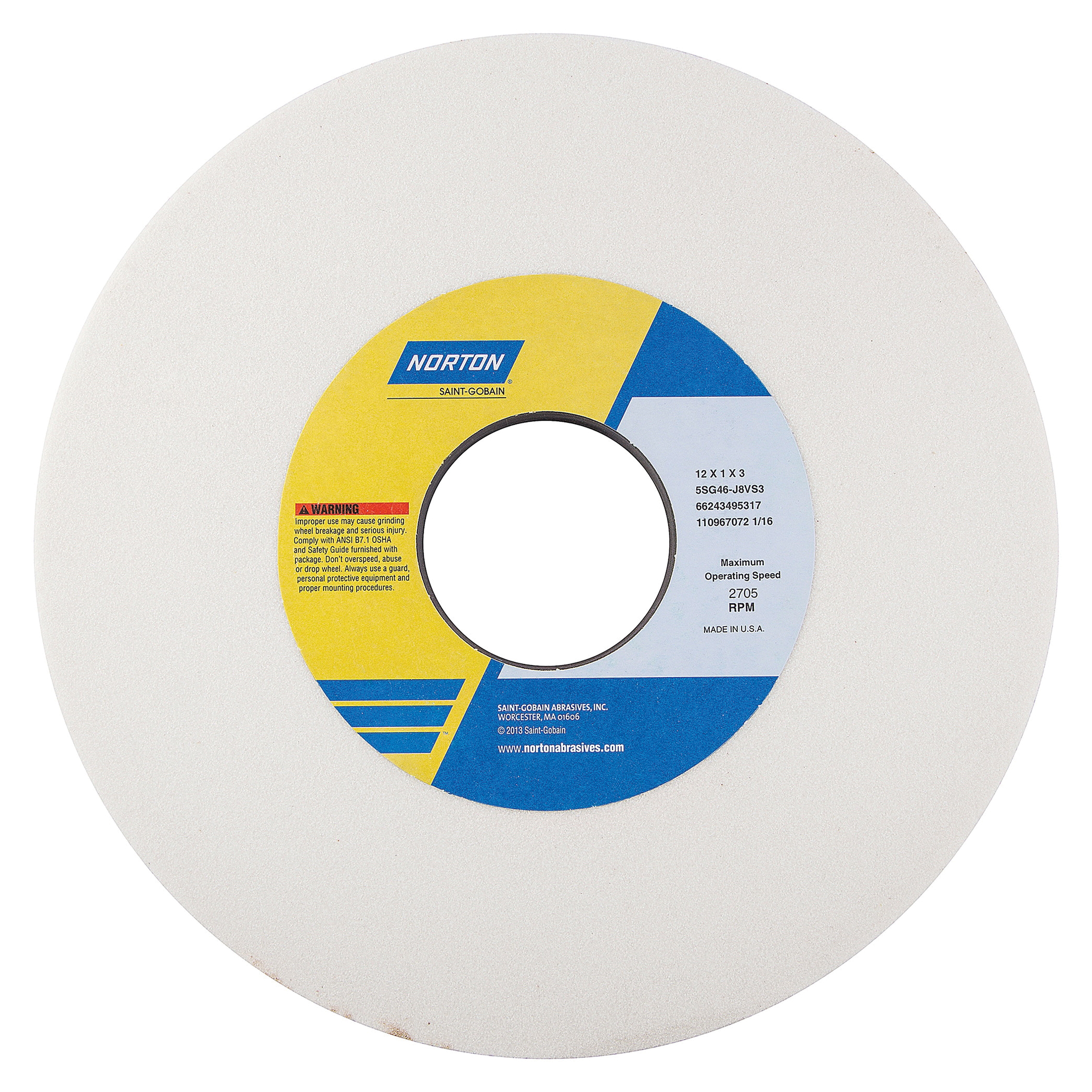 Norton® Vitrium3® 66243495317 5SG Straight Toolroom Wheel, 12 in Dia x 1 in THK, 3 in Center Hole, 46 Grit, Ceramic Alumina/Friable Aluminum Oxide Abrasive