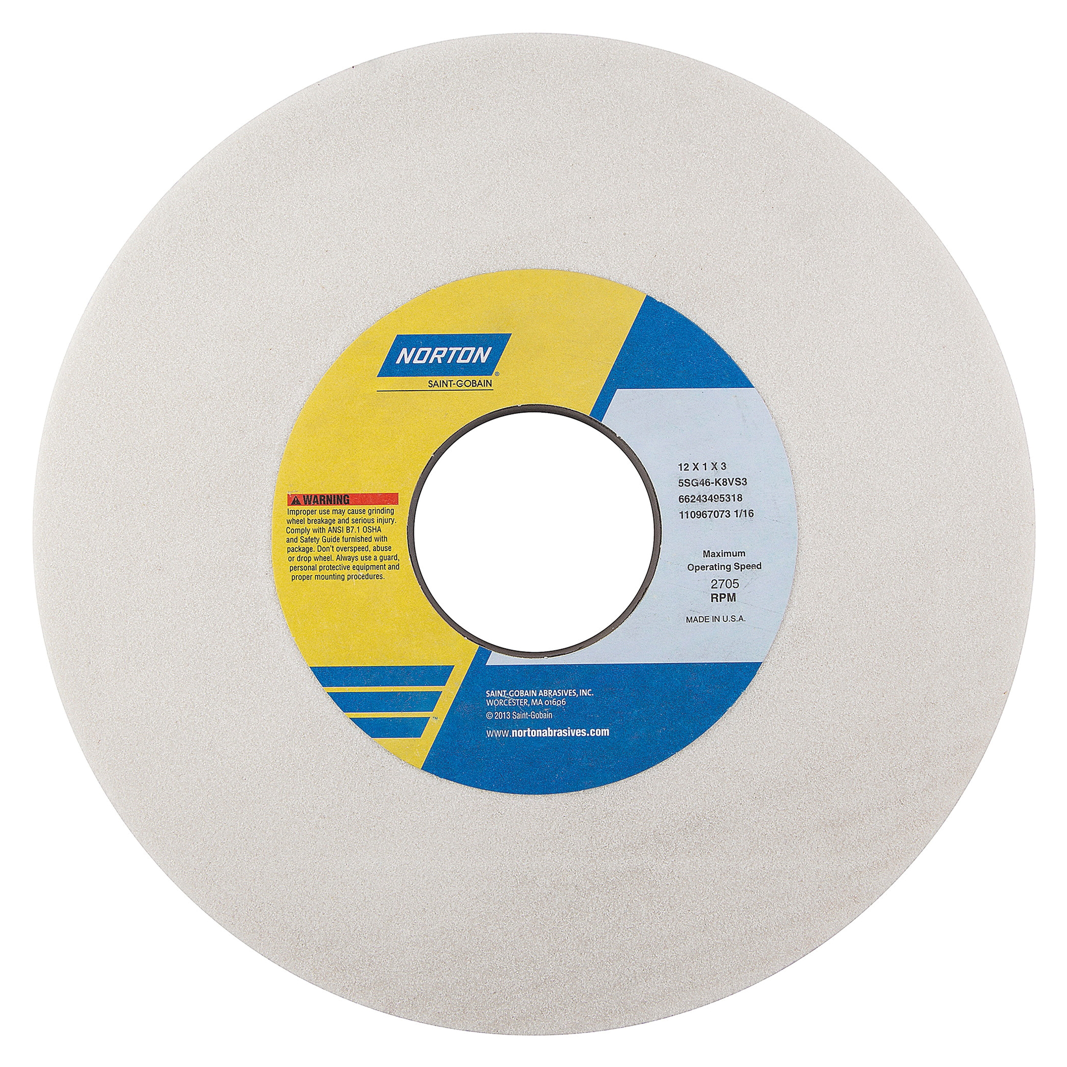 Norton® Vitrium3® 66243495318 5SG Straight Toolroom Wheel, 12 in Dia x 1 in THK, 3 in Center Hole, 46 Grit, Ceramic Alumina/Friable Aluminum Oxide Abrasive