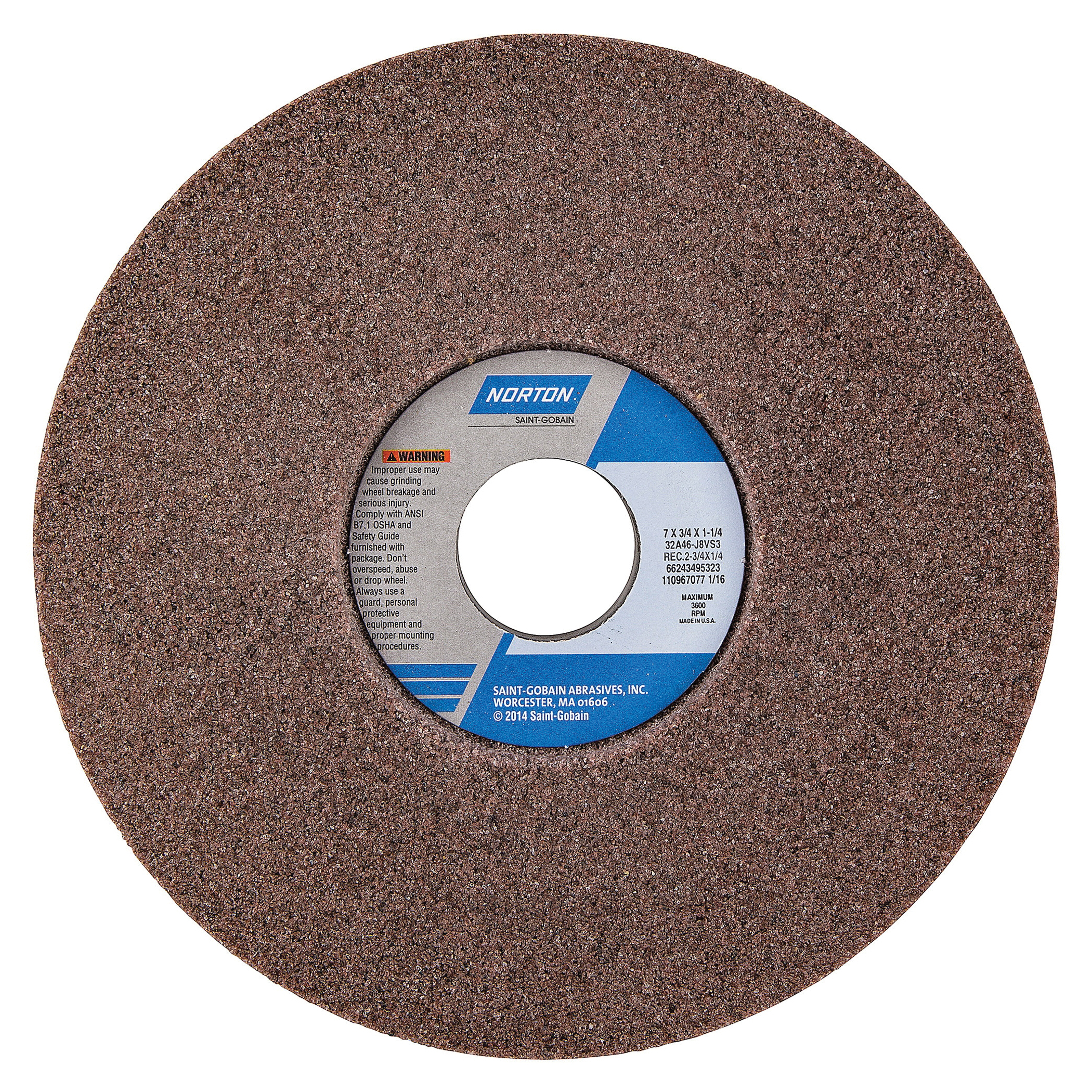 Norton® Vitrium3® 66243495323 32A 1-Side Recessed Toolroom Wheel, 7 in Dia x 3/4 in THK, 1-1/4 in Center Hole, 46 Grit, Aluminum Oxide Abrasive