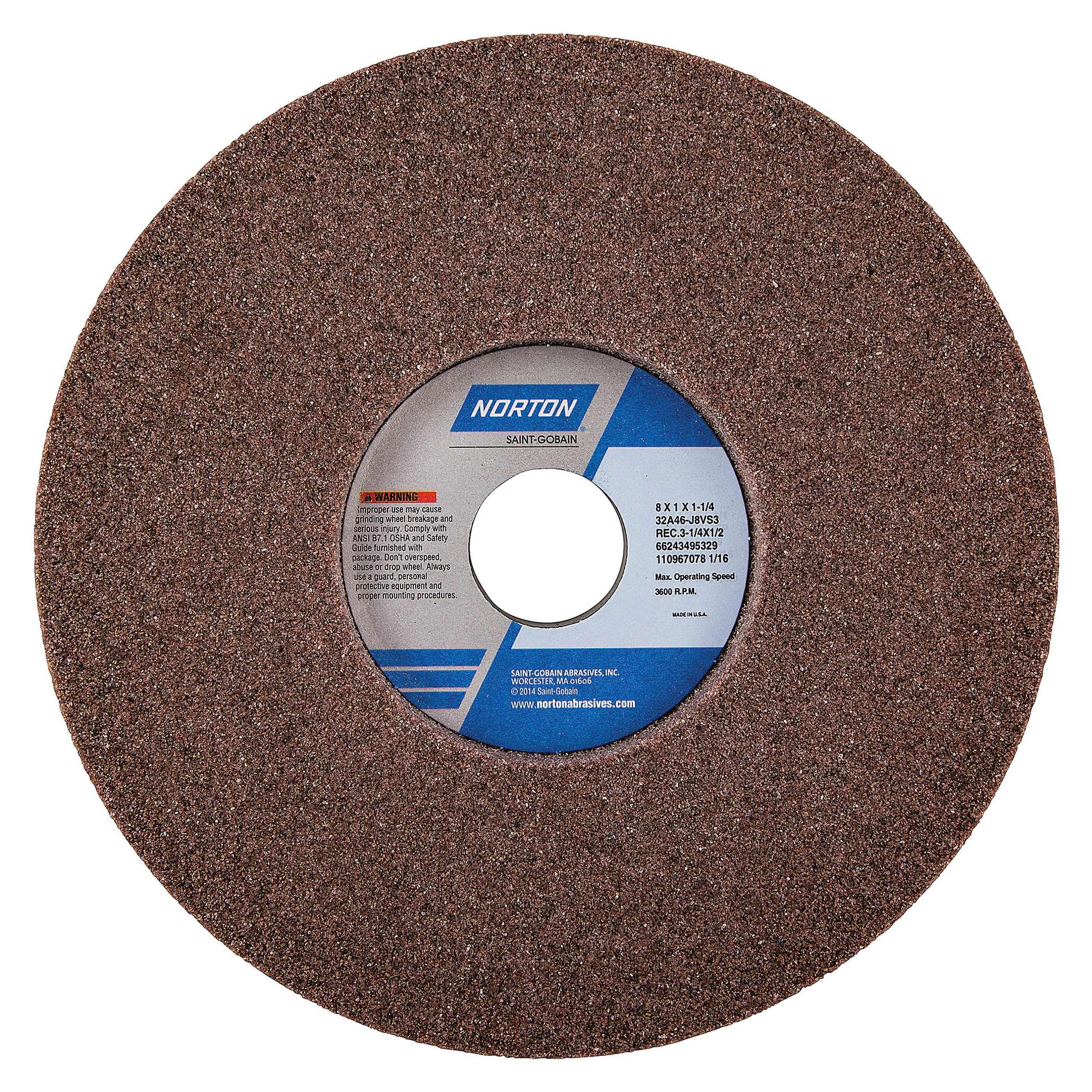 Norton® Vitrium3® 66243495329 32A 1-Side Recessed Toolroom Wheel, 8 in Dia x 1 in THK, 1-1/4 in Center Hole, 46 Grit, Aluminum Oxide Abrasive