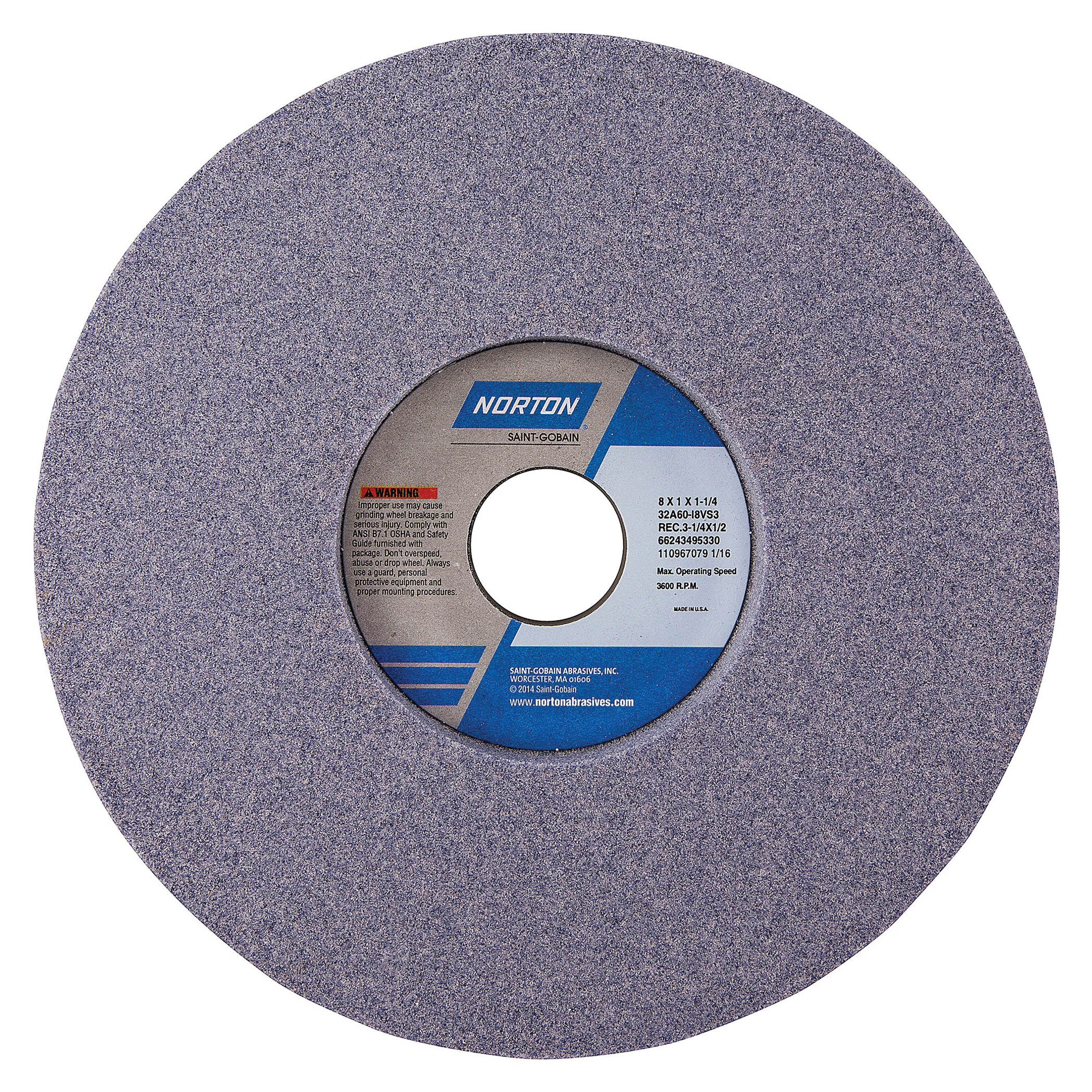 Norton® Vitrium3® 66243495330 32A 1-Side Recessed Toolroom Wheel, 8 in Dia x 1 in THK, 1-1/4 in Center Hole, 60 Grit, Aluminum Oxide Abrasive